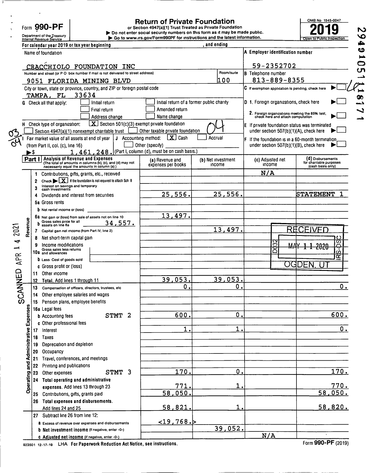 Image of first page of 2019 Form 990PF for Cracchiolo Foundation