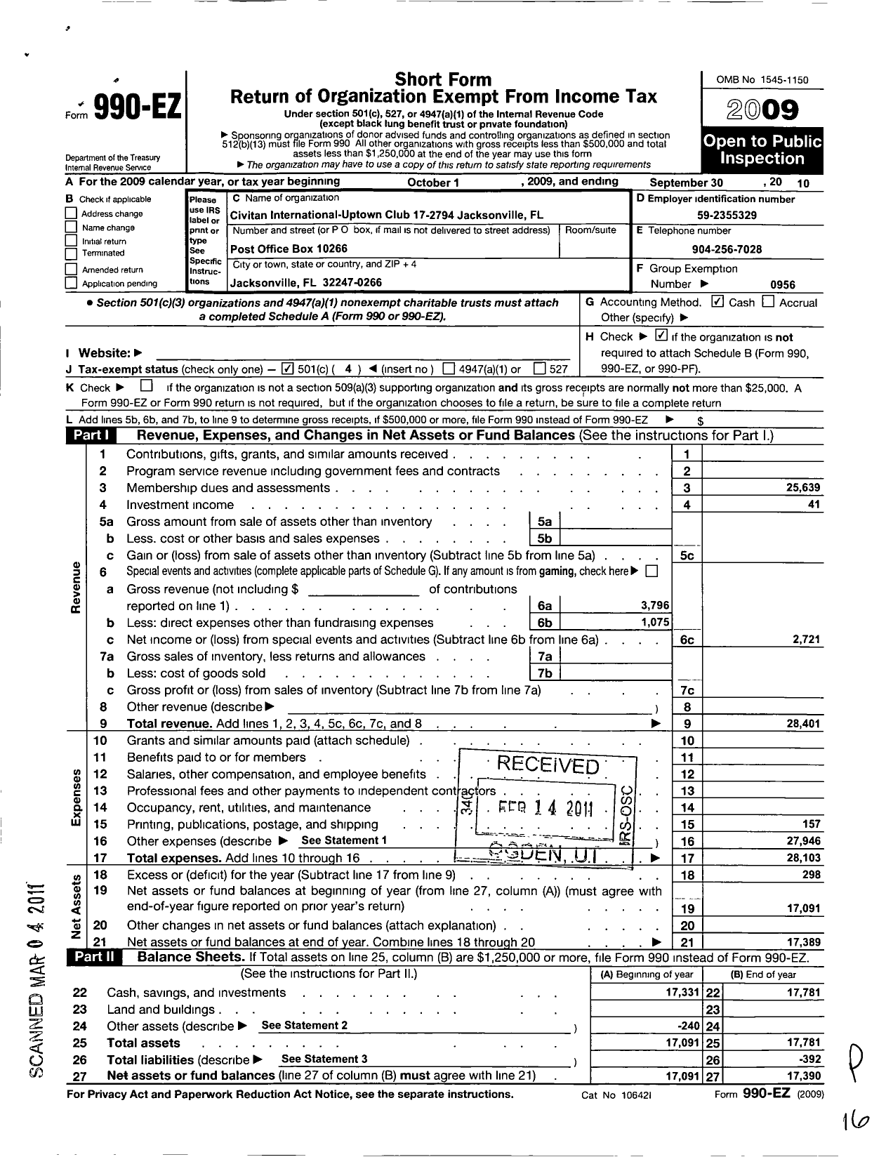 Image of first page of 2009 Form 990EO for Civitan International / Uptown Jacksonville FL