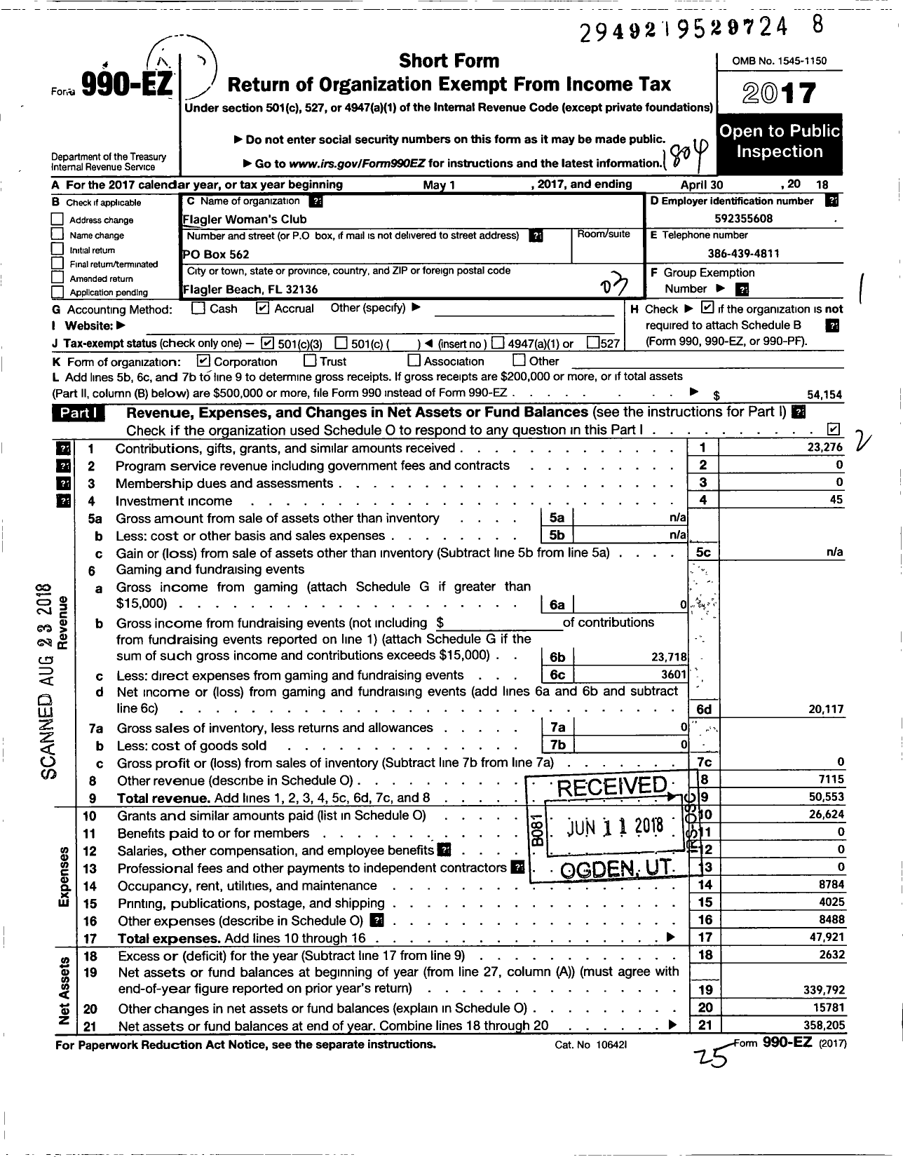 Image of first page of 2017 Form 990EZ for Flagler Womans Club