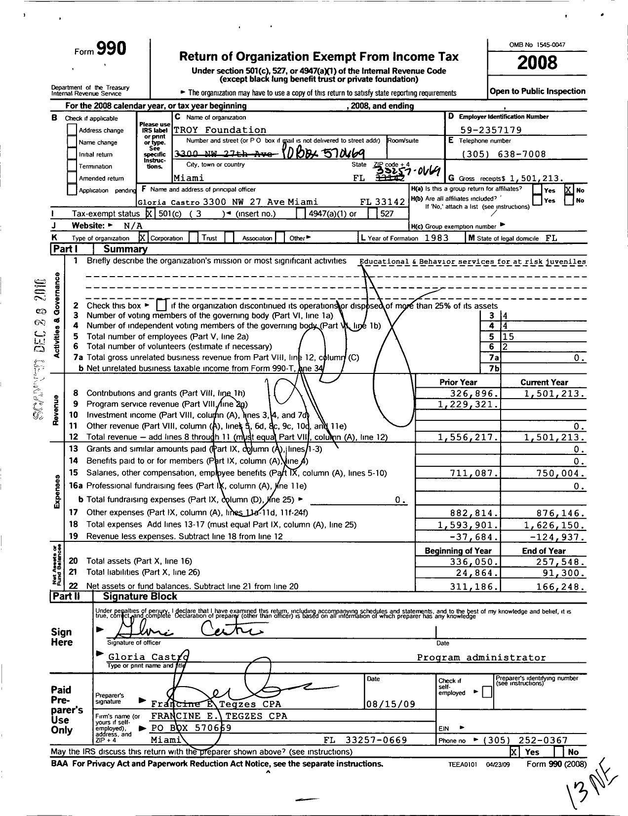 Image of first page of 2008 Form 990 for Troy Foundation