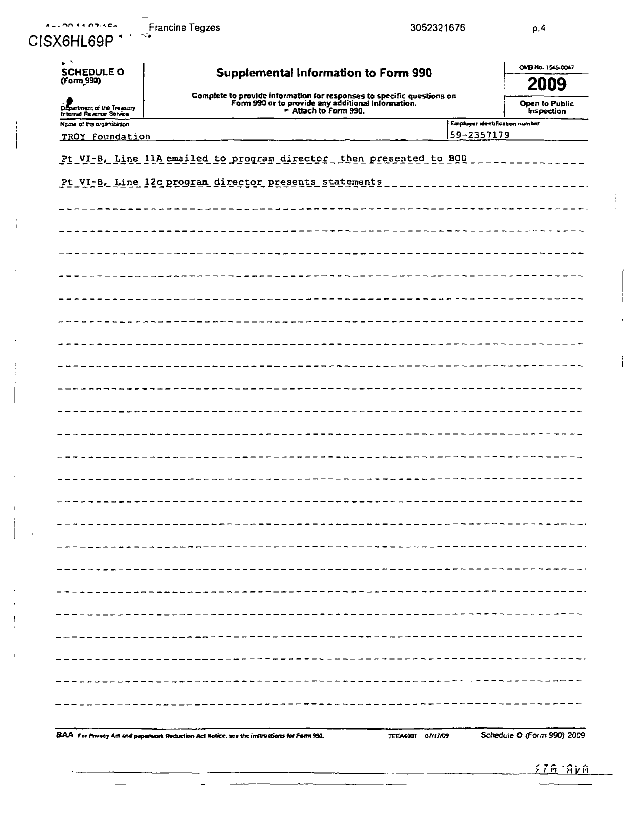 Image of first page of 2009 Form 990R for Troy Foundation