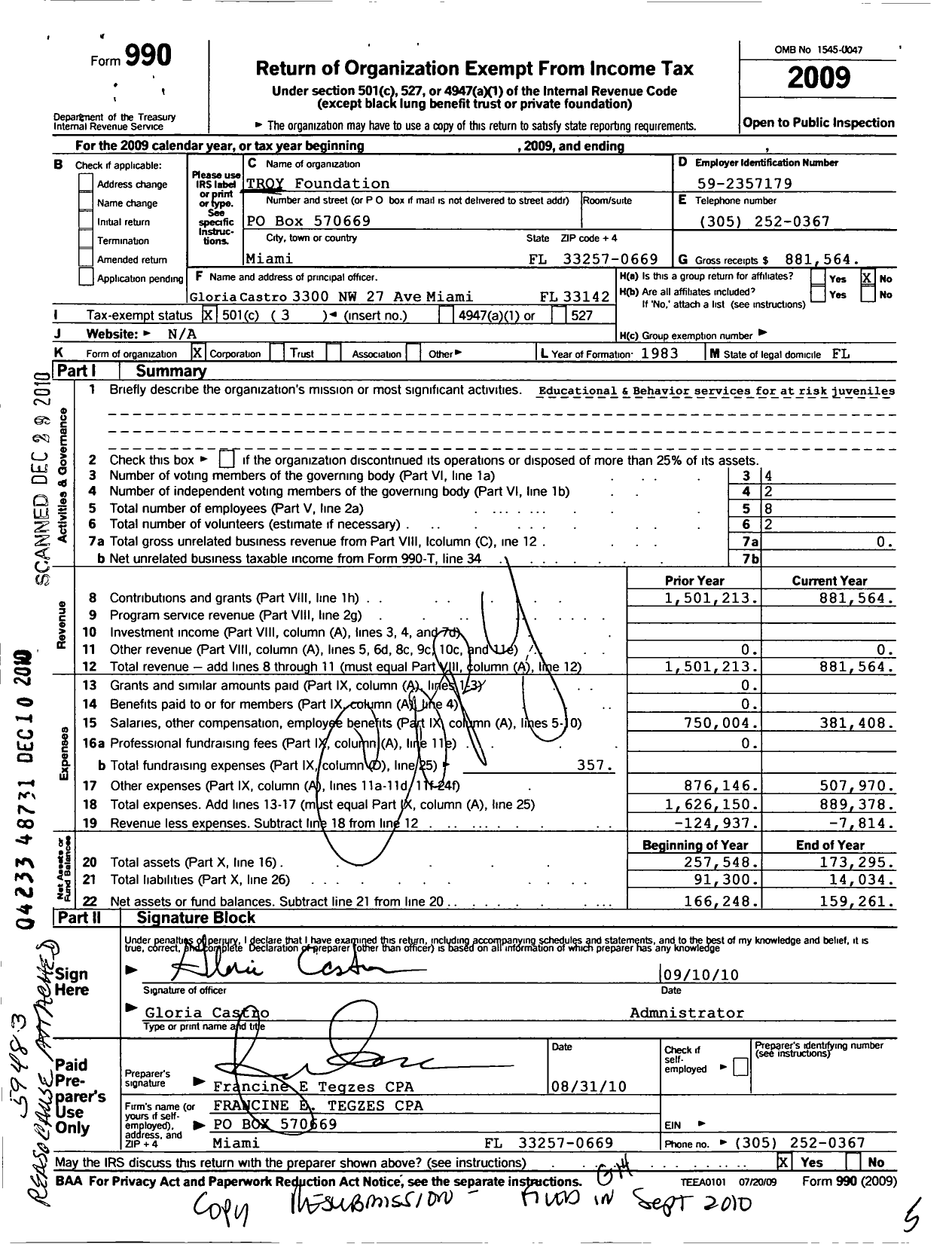 Image of first page of 2009 Form 990 for Troy Foundation