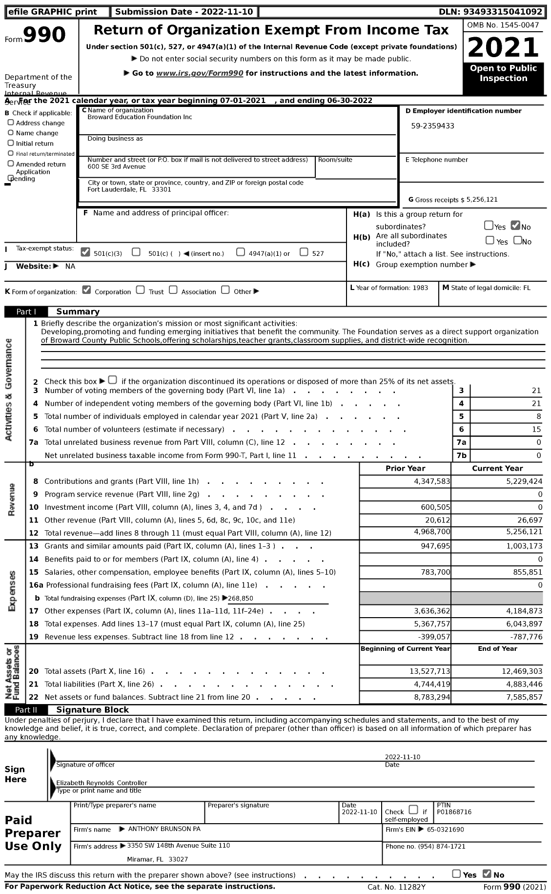 Image of first page of 2021 Form 990 for Broward Education Foundation