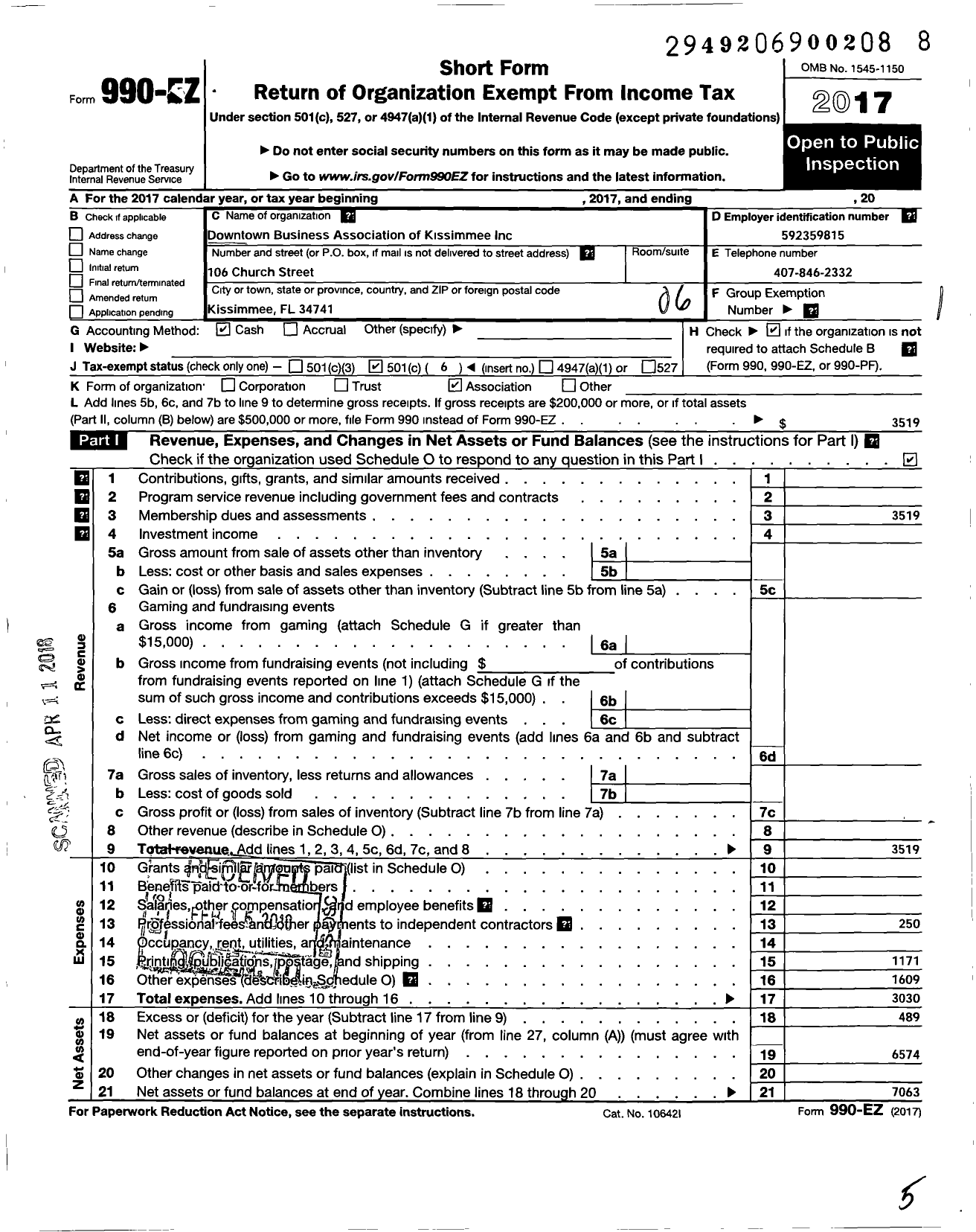 Image of first page of 2017 Form 990EO for Downtown Business Associates of Kissimmee