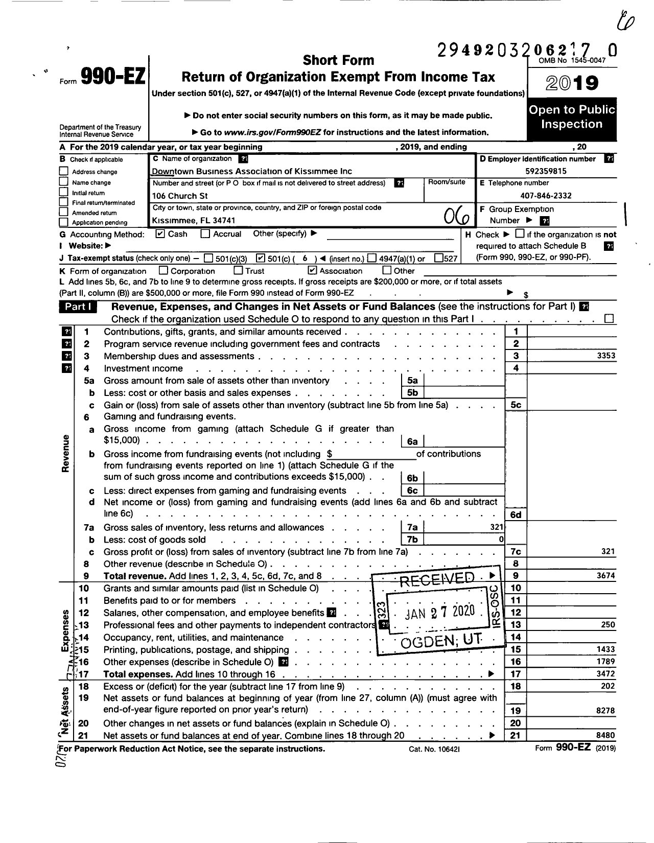 Image of first page of 2019 Form 990EO for Downtown Business Associates of Kissimmee