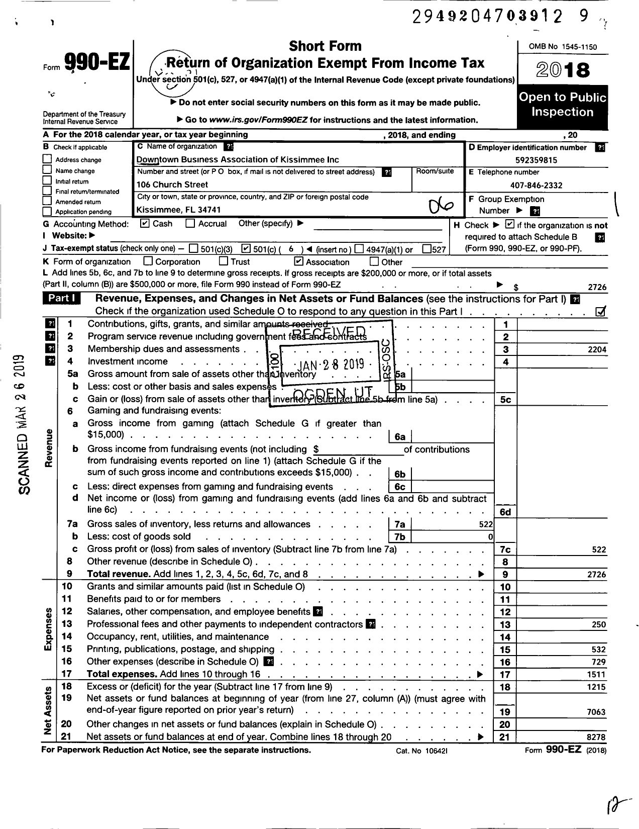 Image of first page of 2018 Form 990EO for Downtown Business Associates of Kissimmee