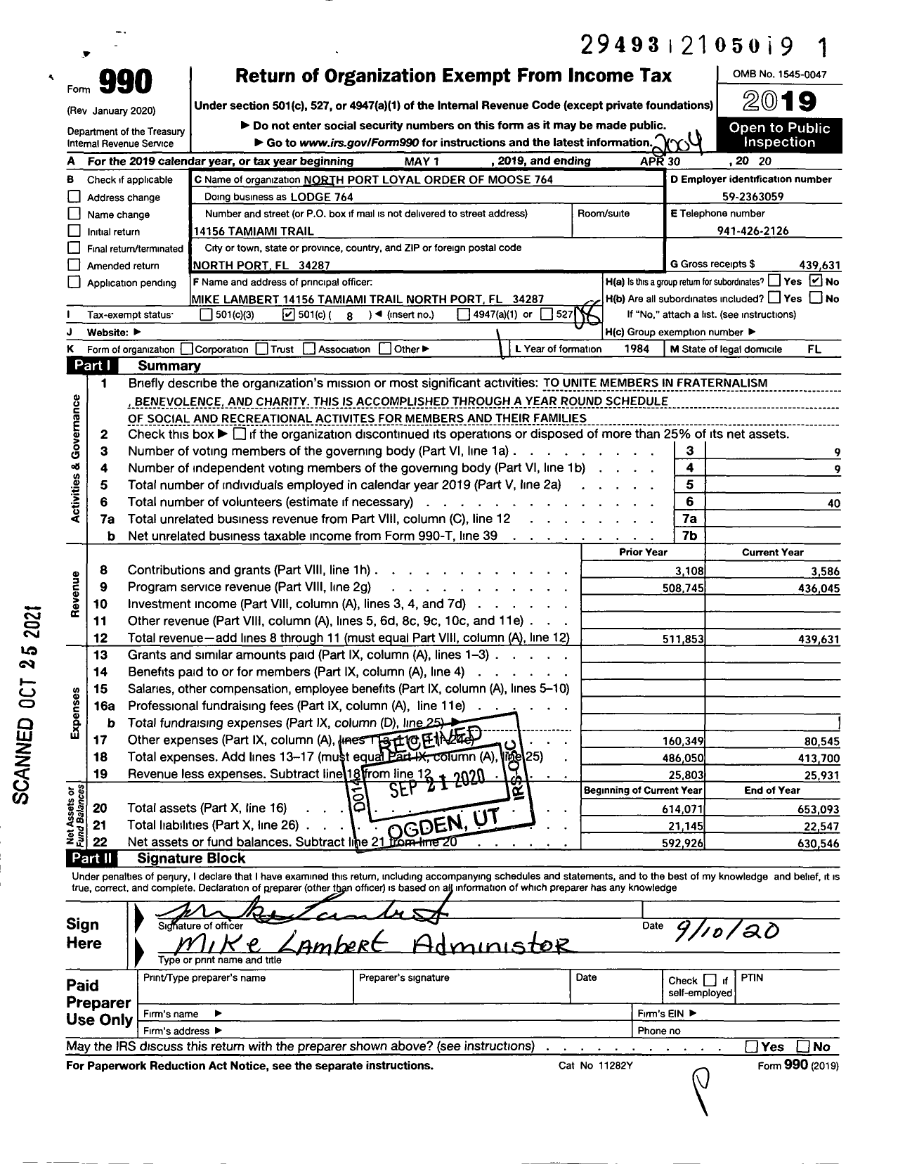 Image of first page of 2019 Form 990O for Loyal Order of Moose - 764