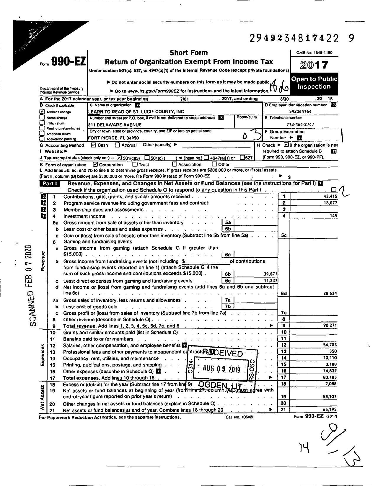 Image of first page of 2017 Form 990EZ for Learn To Read of St Lucie County