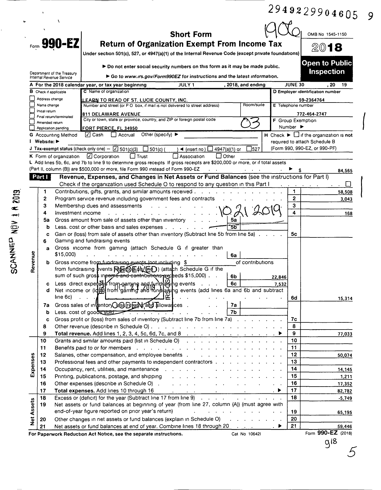 Image of first page of 2018 Form 990EZ for Learn To Read of St Lucie County