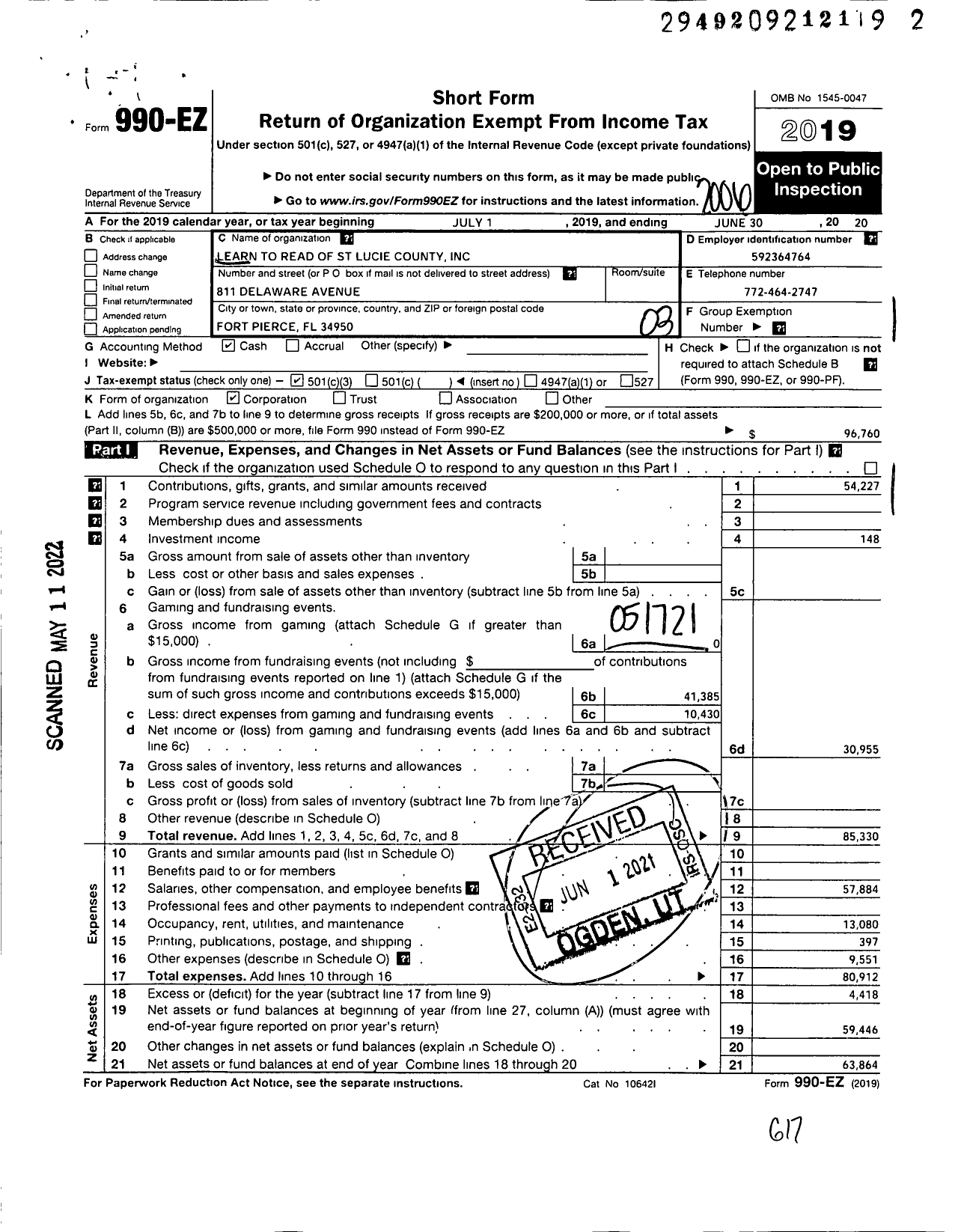 Image of first page of 2019 Form 990EZ for Learn To Read of St Lucie County