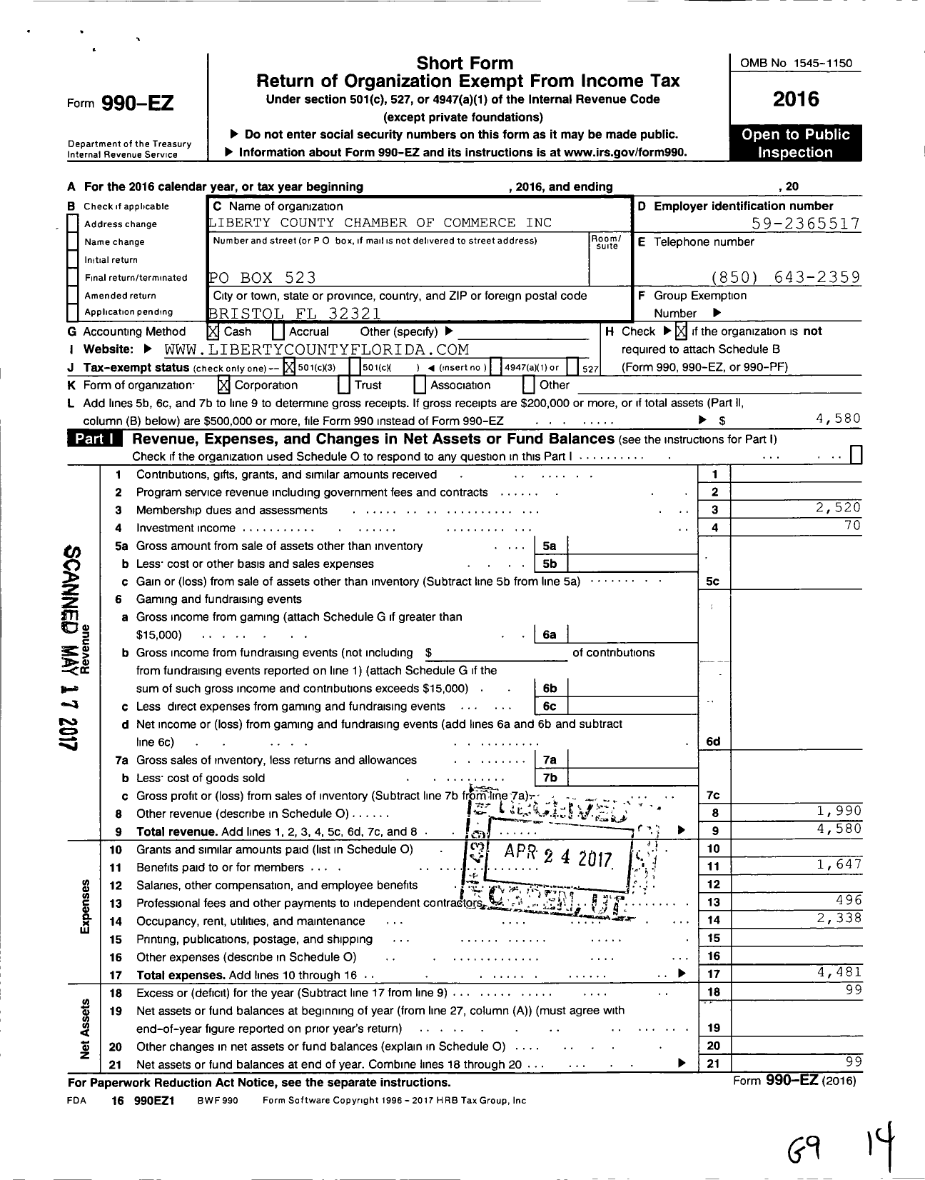 Image of first page of 2016 Form 990EZ for Liberty County Chamber of Commerce