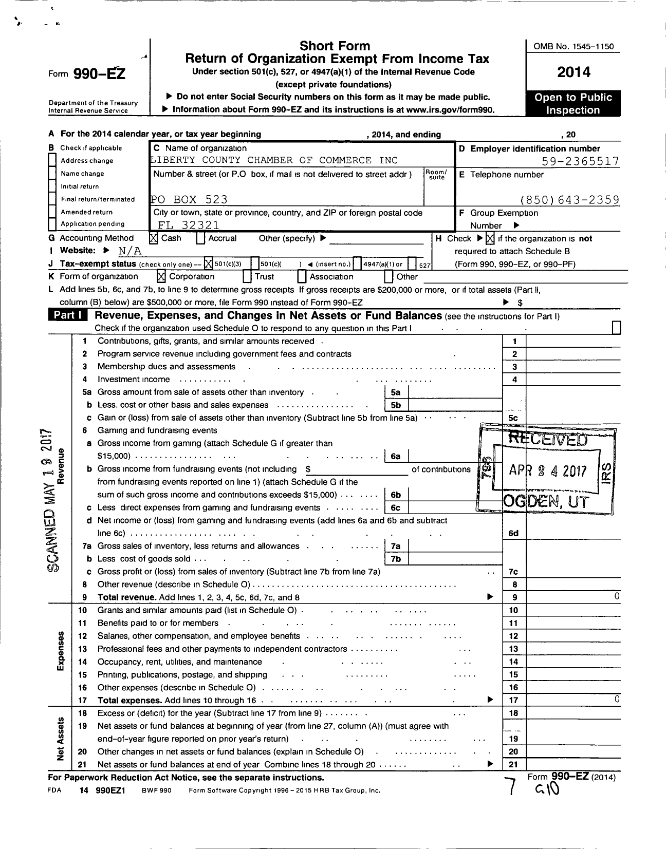 Image of first page of 2014 Form 990EZ for Liberty County Chamber of Commerce