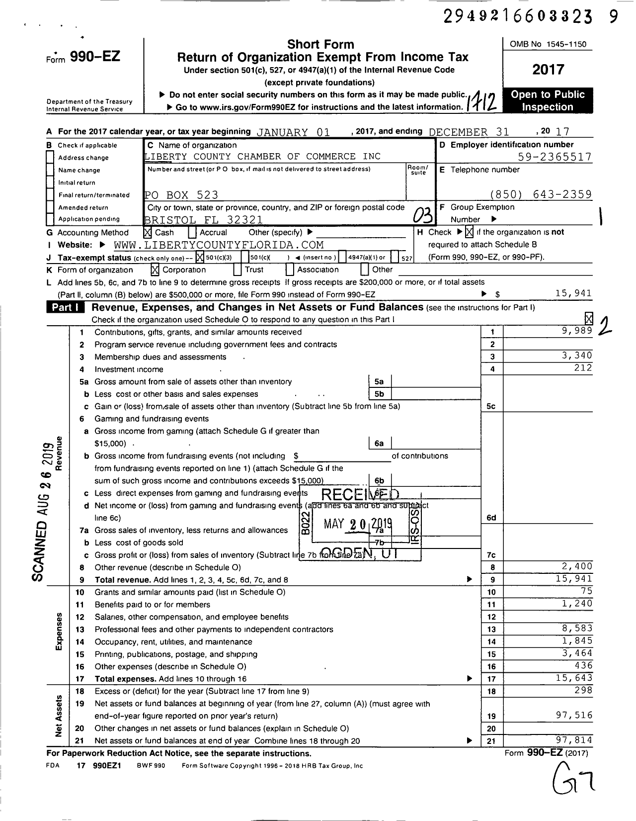 Image of first page of 2017 Form 990EZ for Liberty County Chamber of Commerce