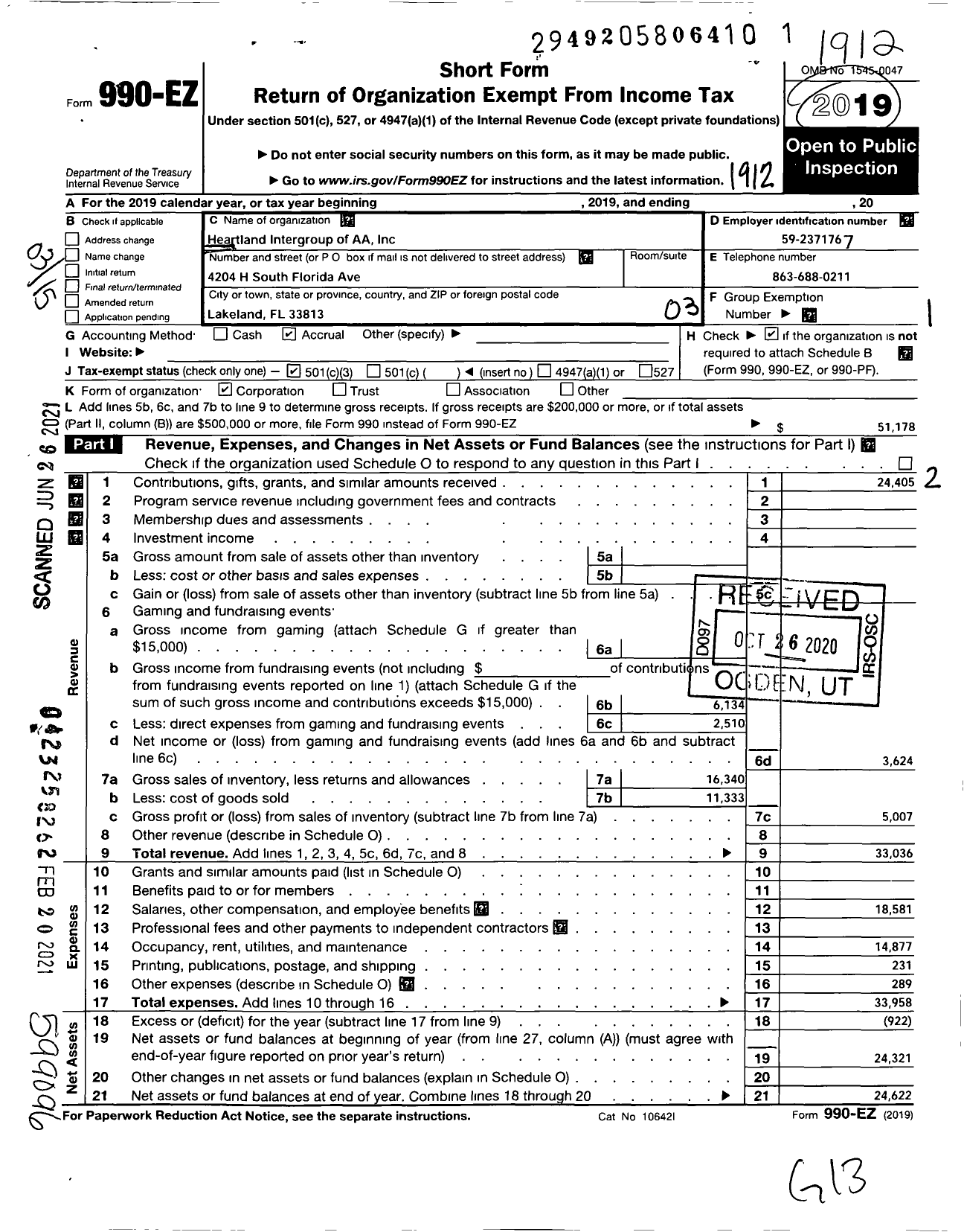 Image of first page of 2019 Form 990EZ for Heartland Intergroup of A A