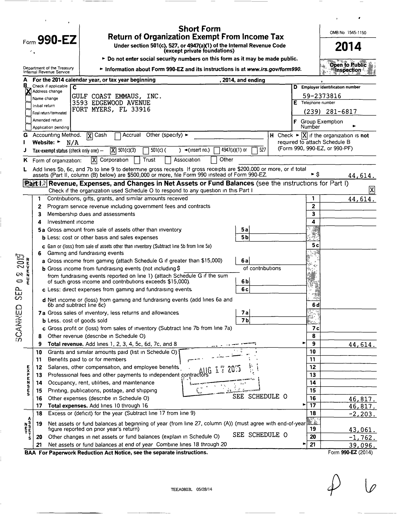 Image of first page of 2014 Form 990EZ for Gulf Coast Emmaus