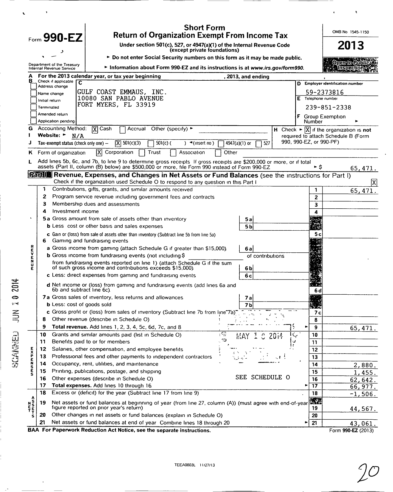 Image of first page of 2013 Form 990EZ for Gulf Coast Emmaus