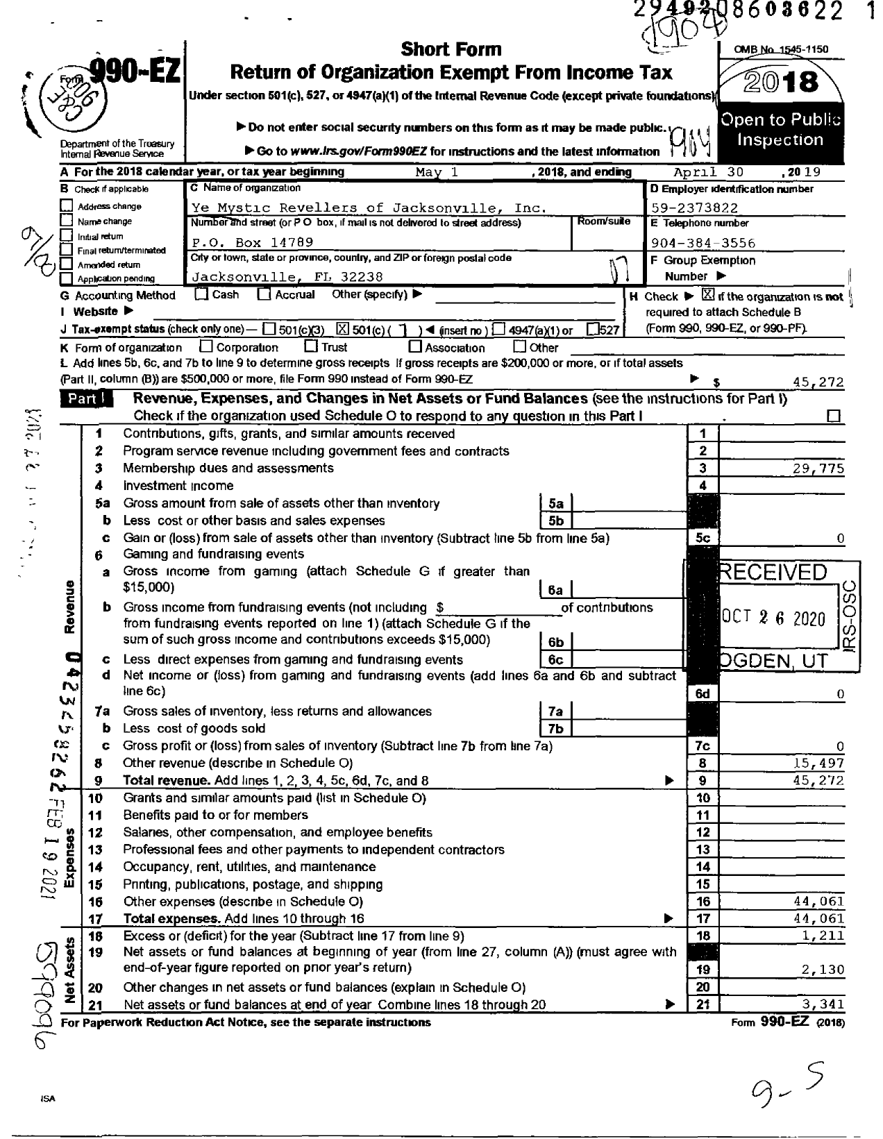 Image of first page of 2018 Form 990EO for Ye Mystic Revellers of Jacksonville