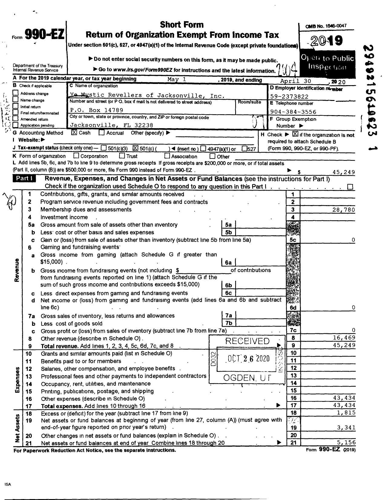 Image of first page of 2019 Form 990EO for Ye Mystic Revellers of Jacksonville