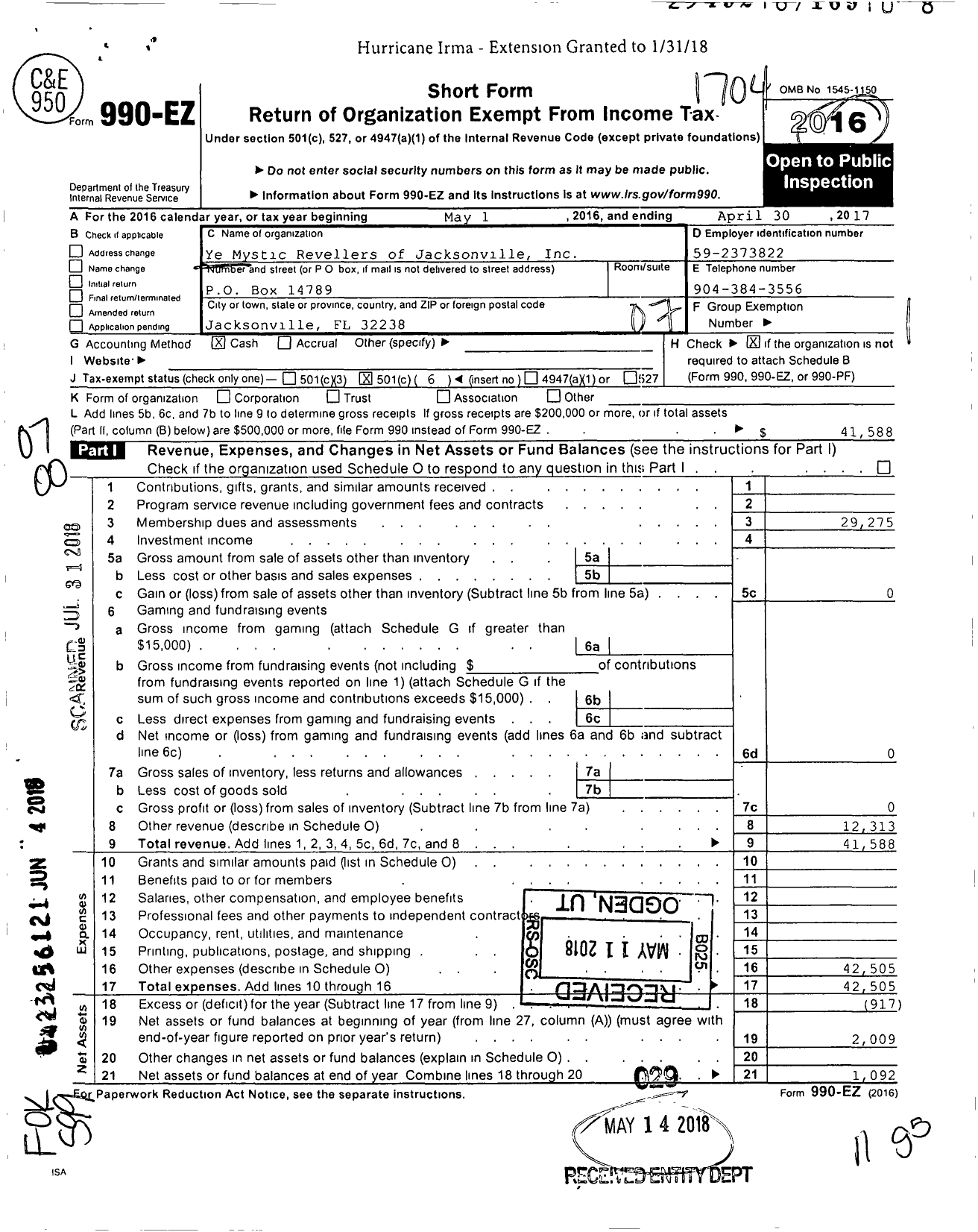 Image of first page of 2016 Form 990EO for Ye Mystic Revellers of Jacksonville