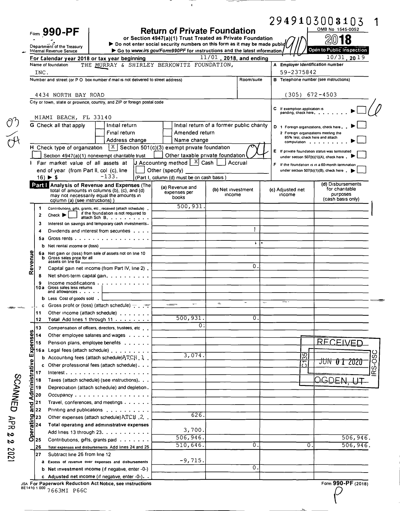 Image of first page of 2018 Form 990PF for The Murray and Shirley Berkowitz Foundation