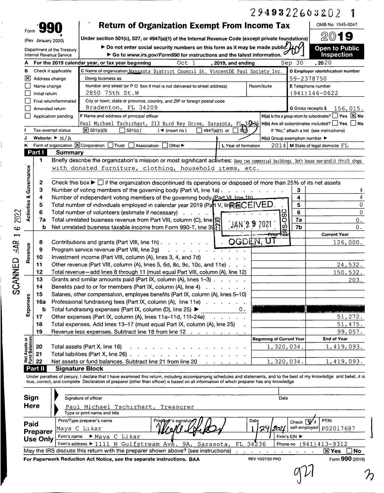 Image of first page of 2019 Form 990 for Manasota District Council St VincentDE Paul Society