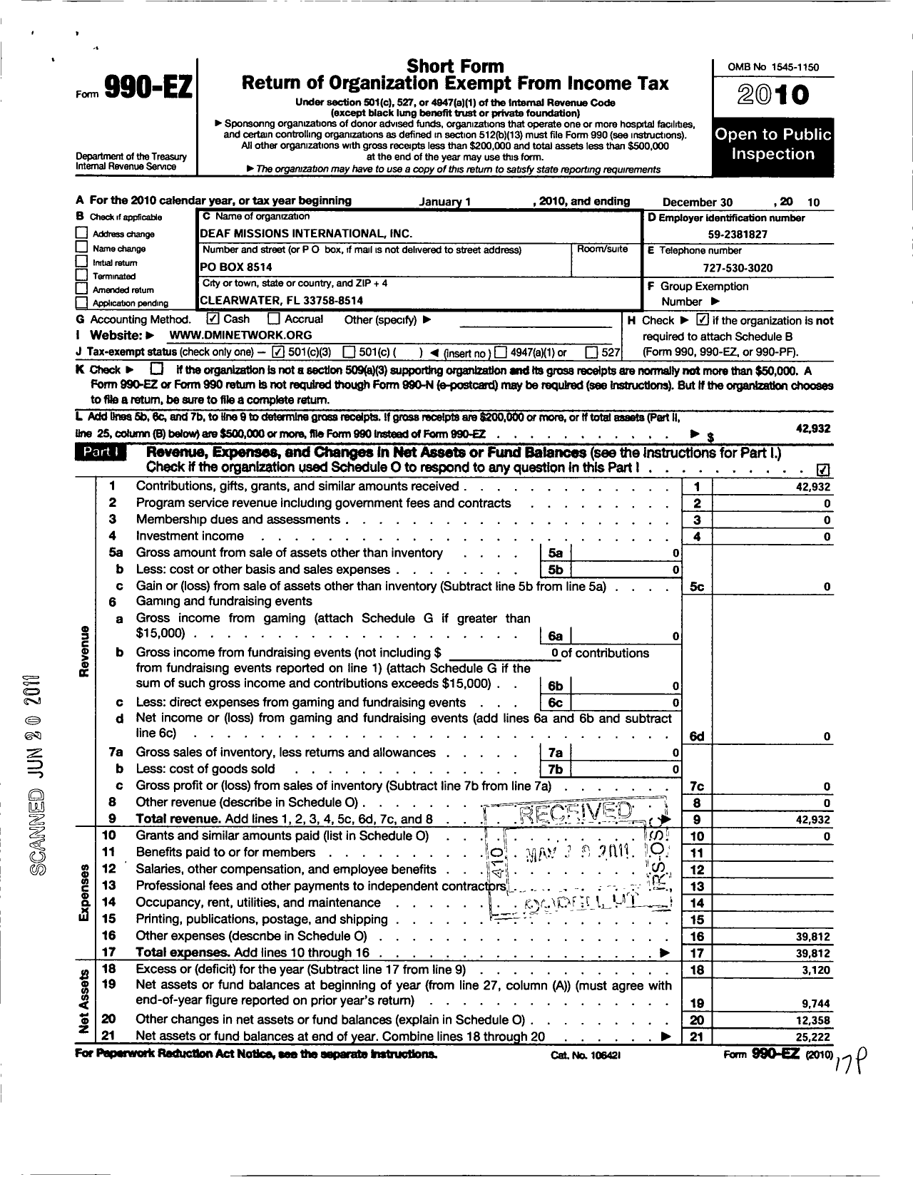 Image of first page of 2010 Form 990EZ for Deaf Missions International