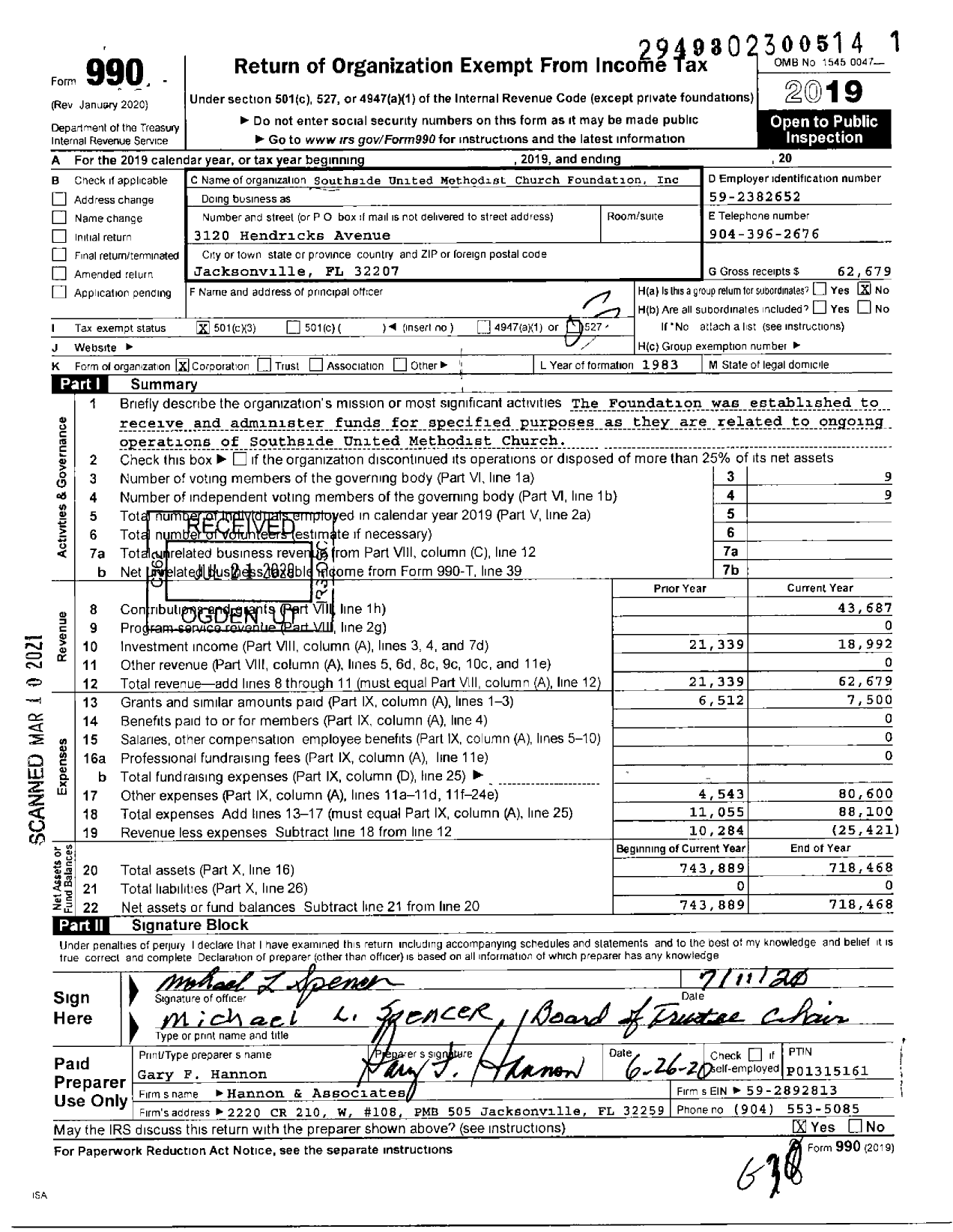 Image of first page of 2019 Form 990 for Southside Methodist Church Foundation