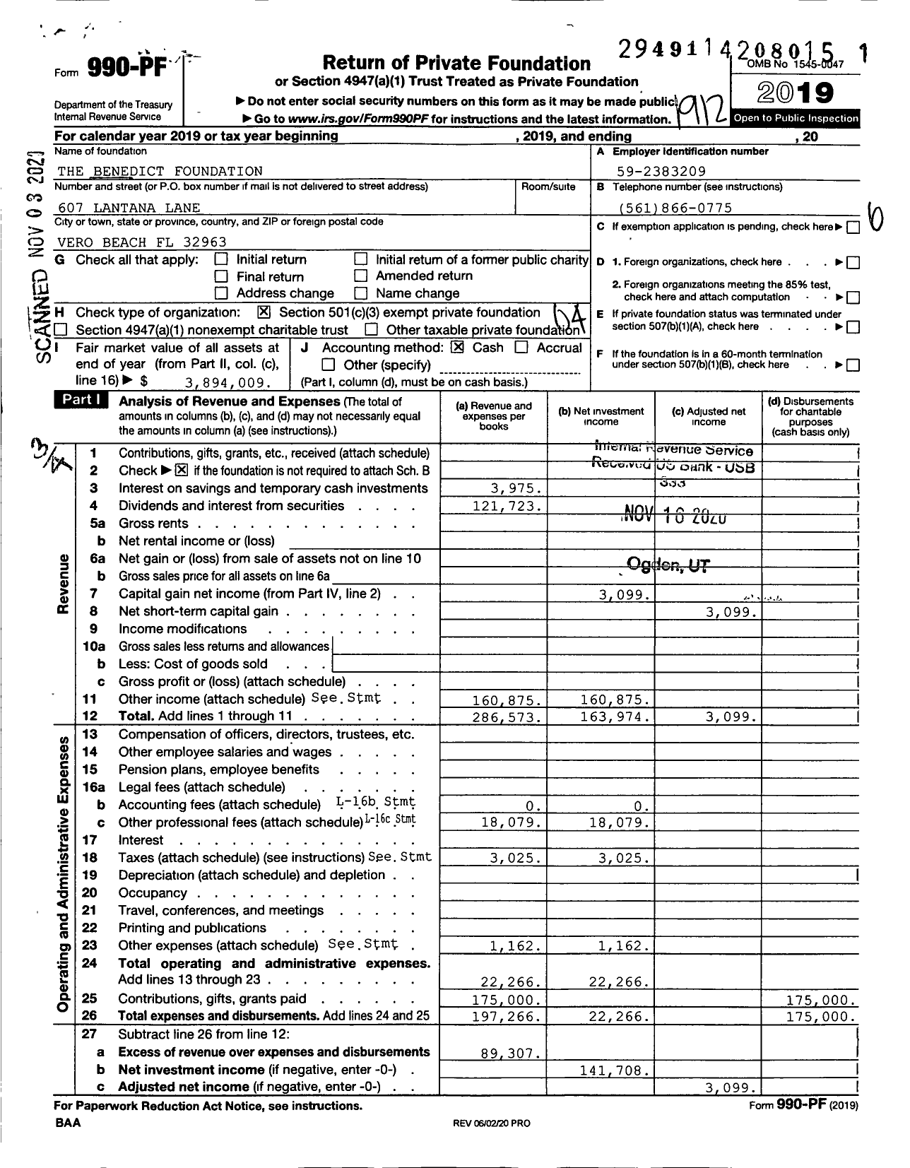 Image of first page of 2019 Form 990PF for The Benedict Foundation