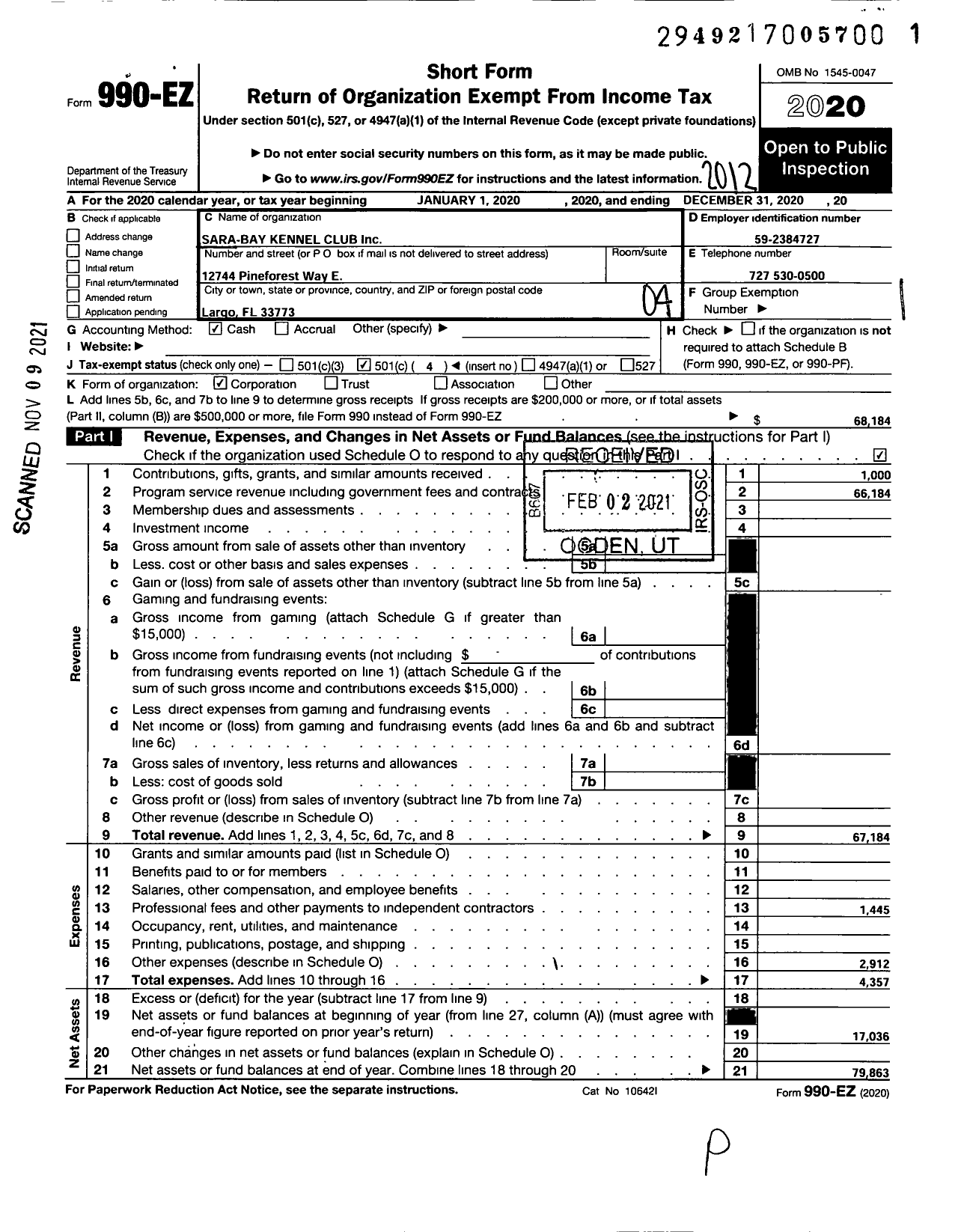 Image of first page of 2020 Form 990EO for Sara-Bay Kennel Club