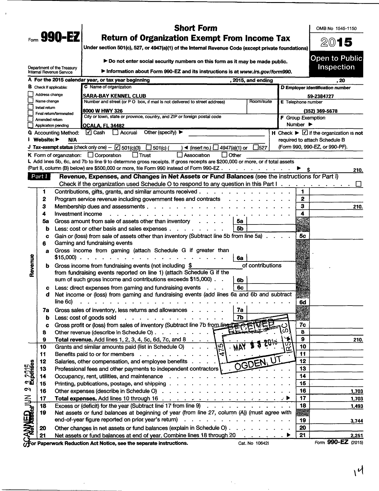 Image of first page of 2015 Form 990EZ for Sara-Bay Kennel Club