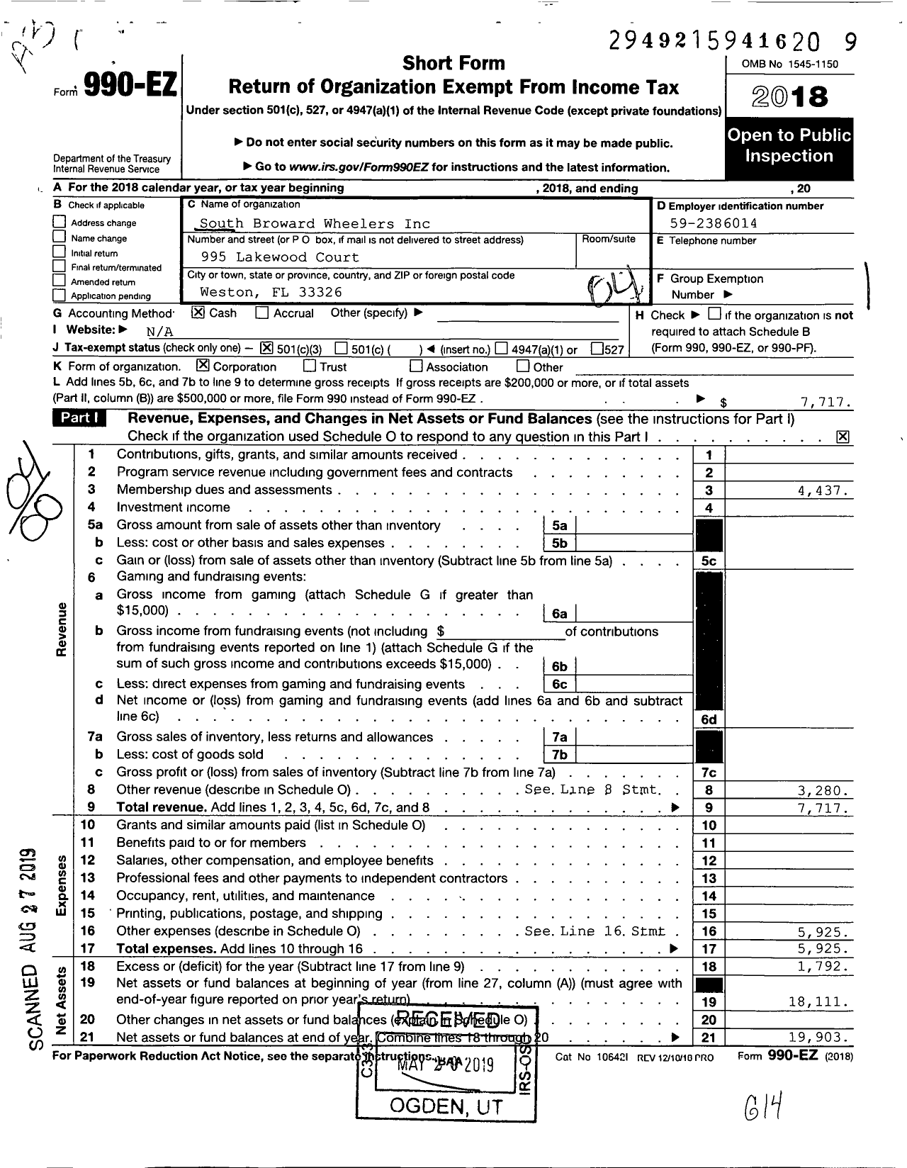 Image of first page of 2018 Form 990EO for South Broward Wheelers