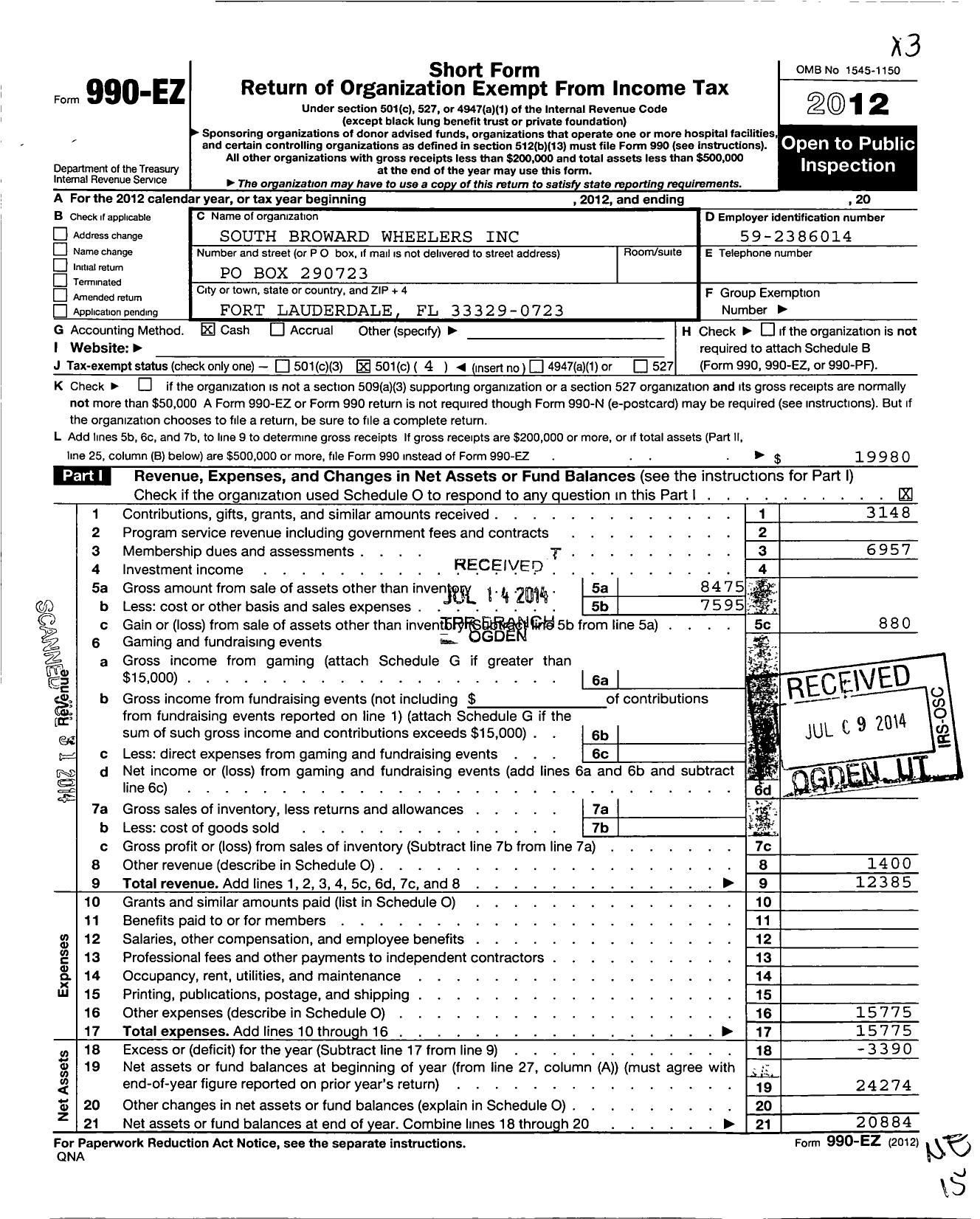 Image of first page of 2012 Form 990EO for South Broward Wheelers