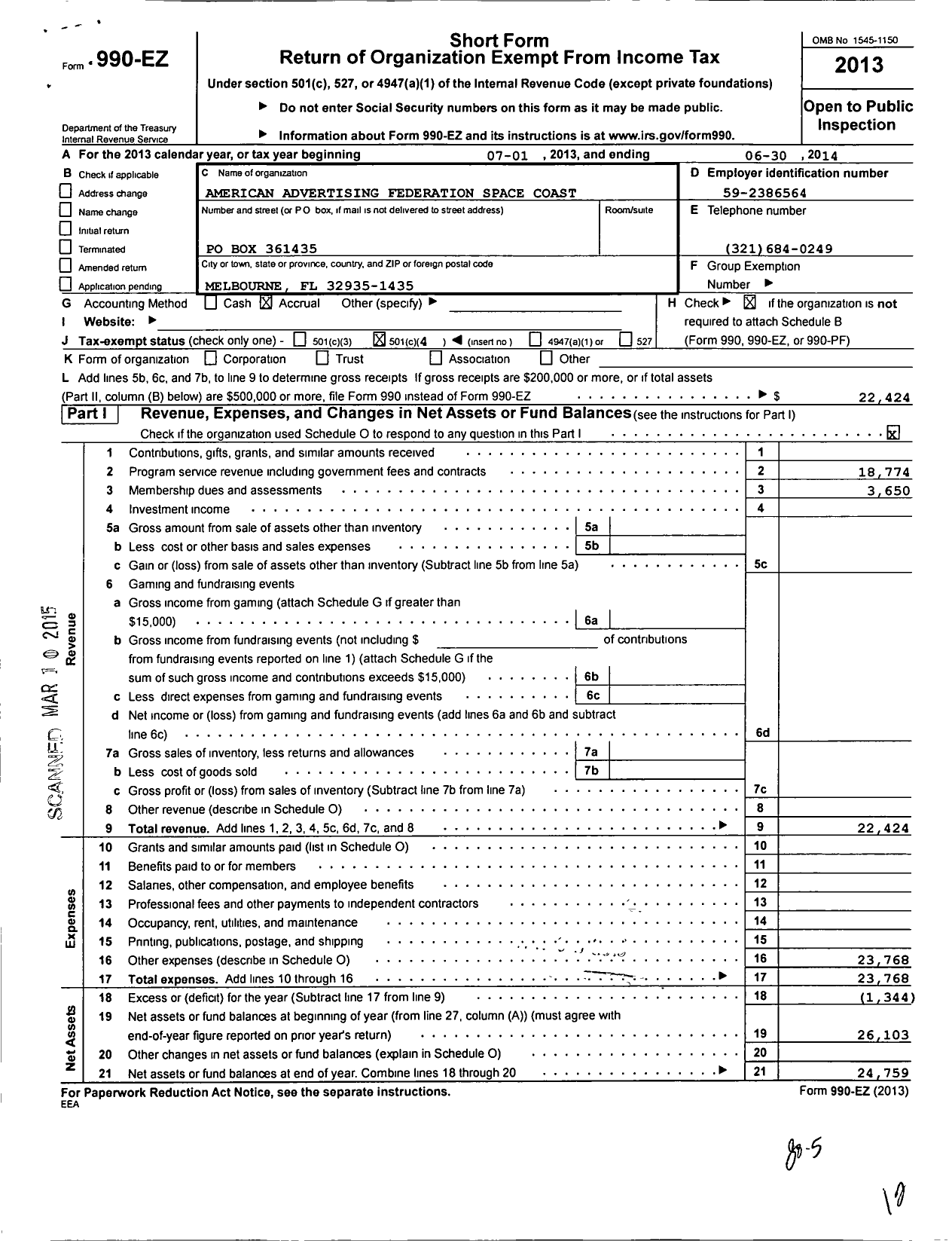 Image of first page of 2013 Form 990EO for Space Coast Advertising Federation