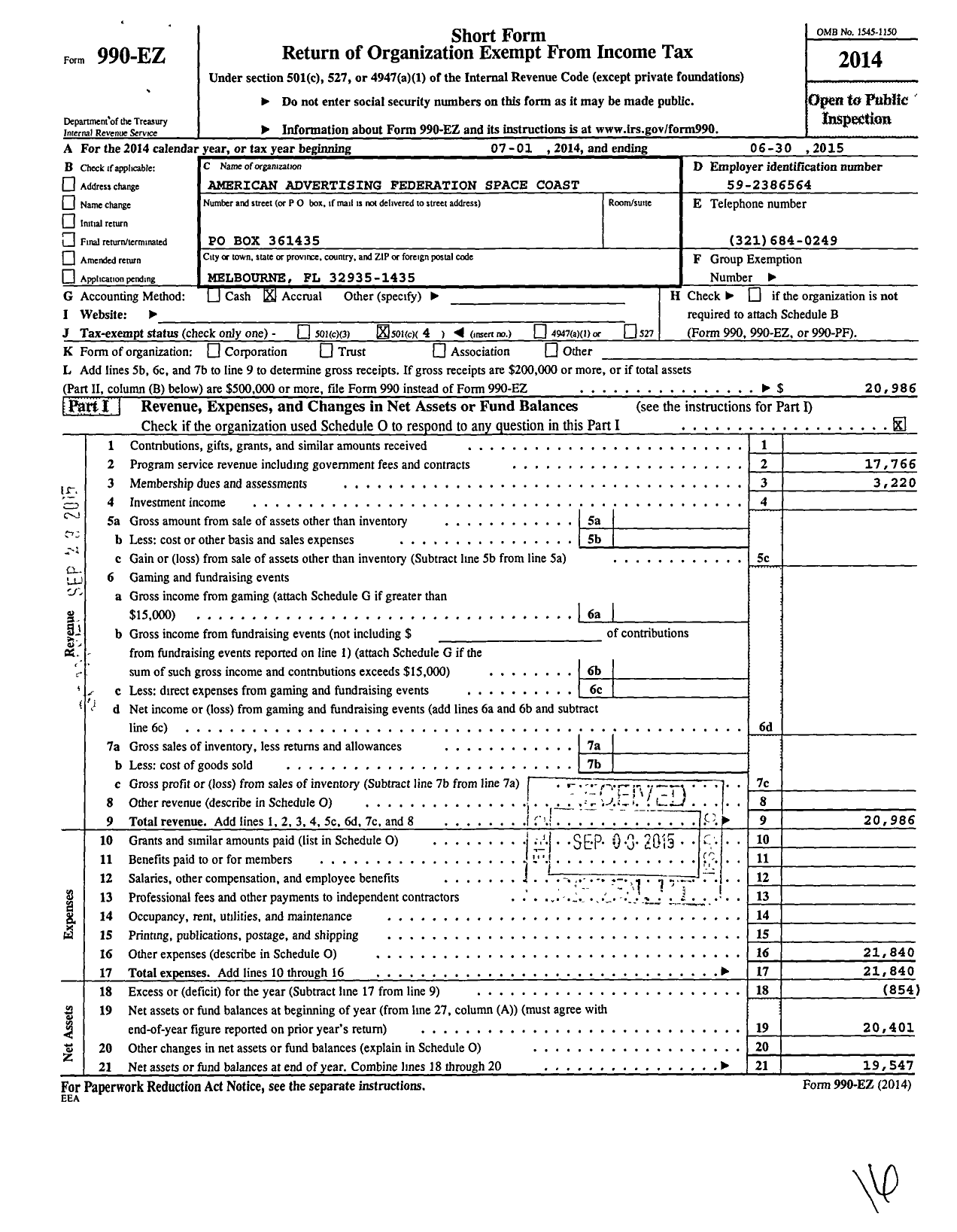 Image of first page of 2014 Form 990EO for Space Coast Advertising Federation