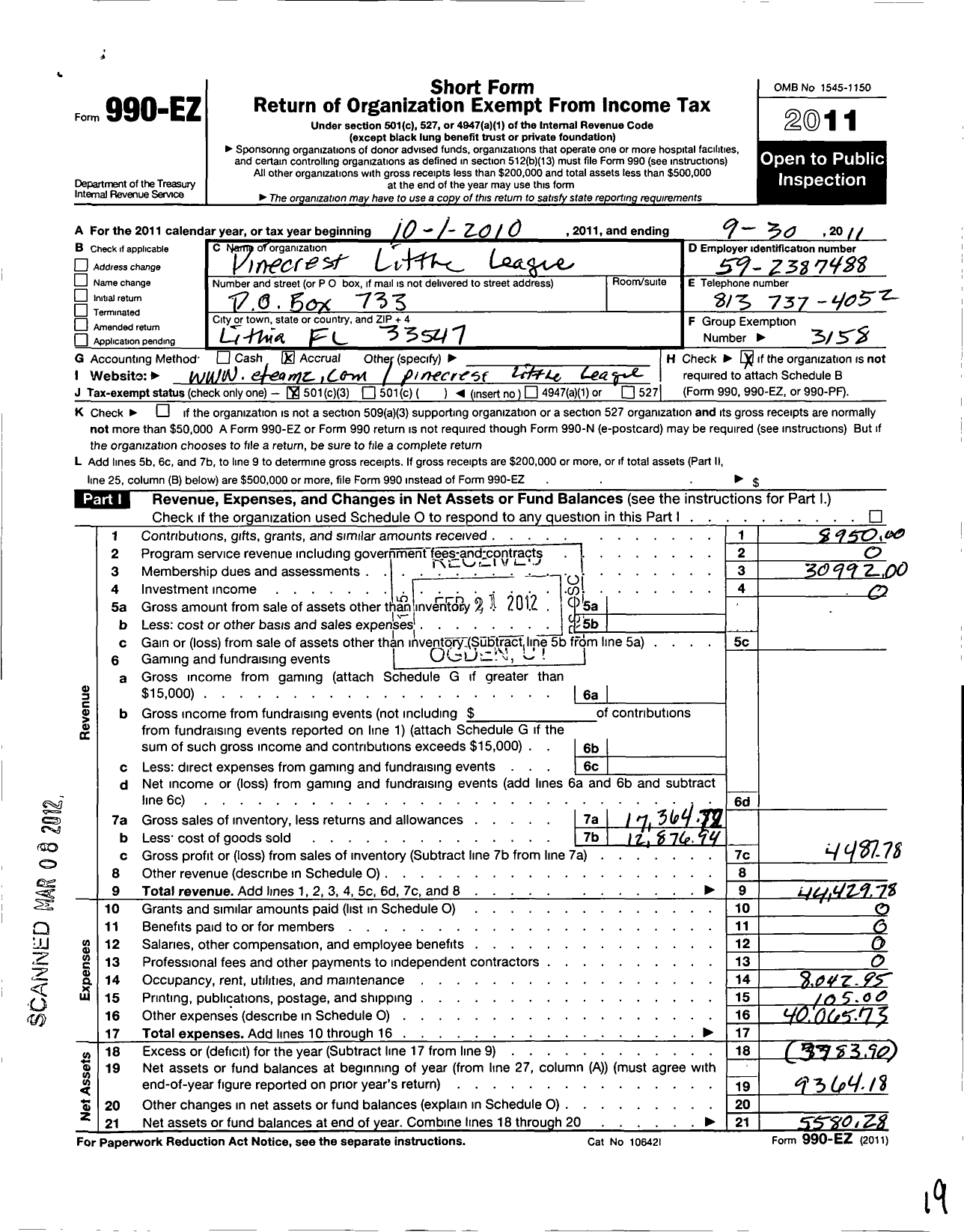 Image of first page of 2010 Form 990EZ for Little League Baseball - 3090412 Pinecrest LL