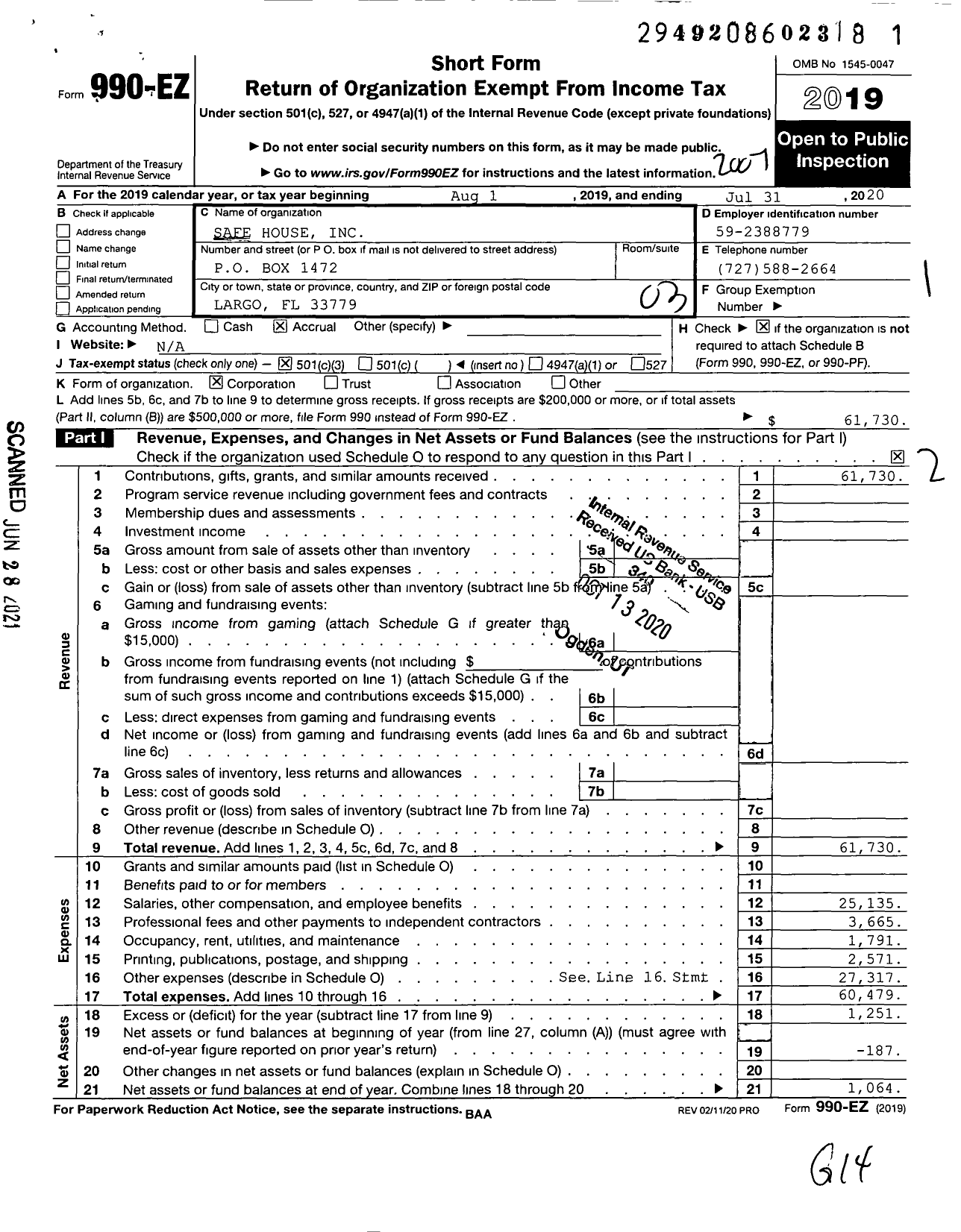 Image of first page of 2019 Form 990EZ for Safe House