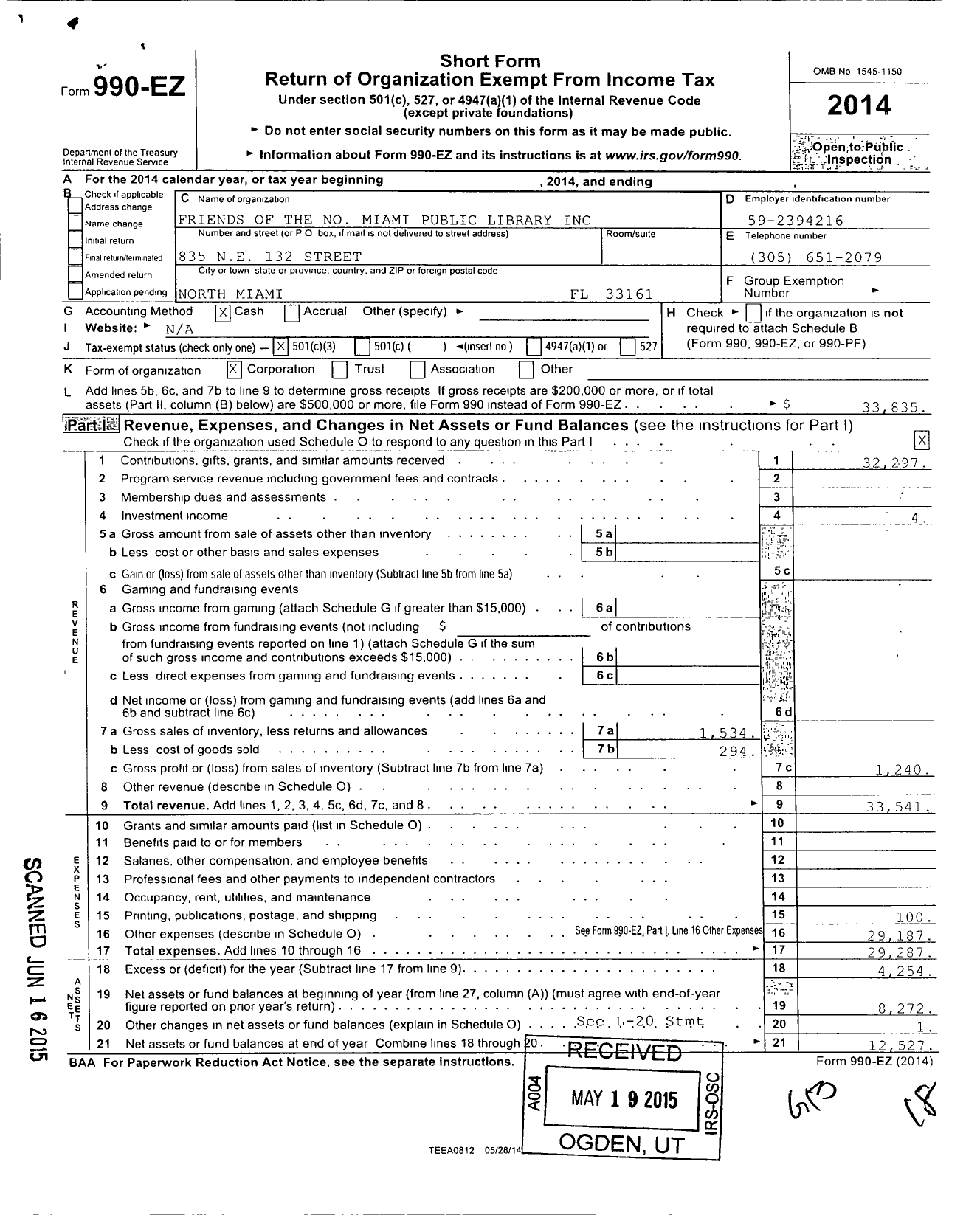 Image of first page of 2014 Form 990EZ for Friends of the North Miami Library