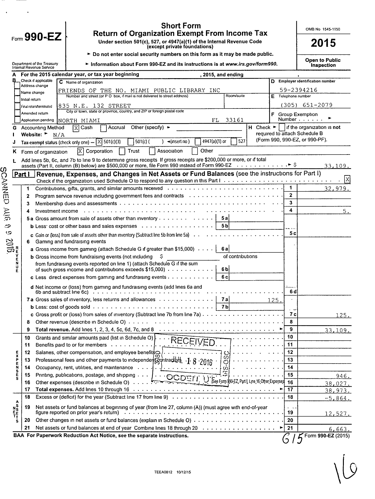 Image of first page of 2015 Form 990EZ for Friends of the North Miami Public Library