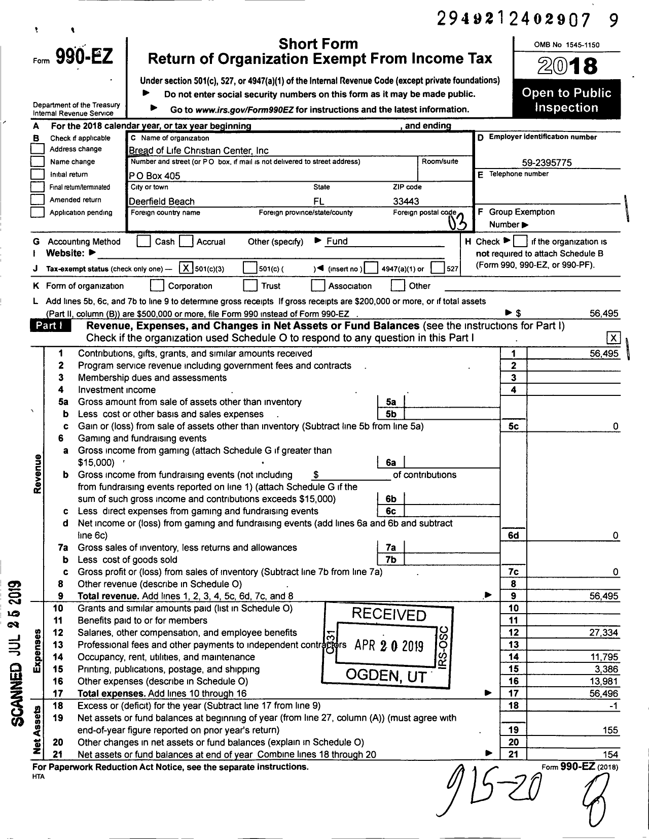 Image of first page of 2018 Form 990EZ for Bread of Life Christian Center