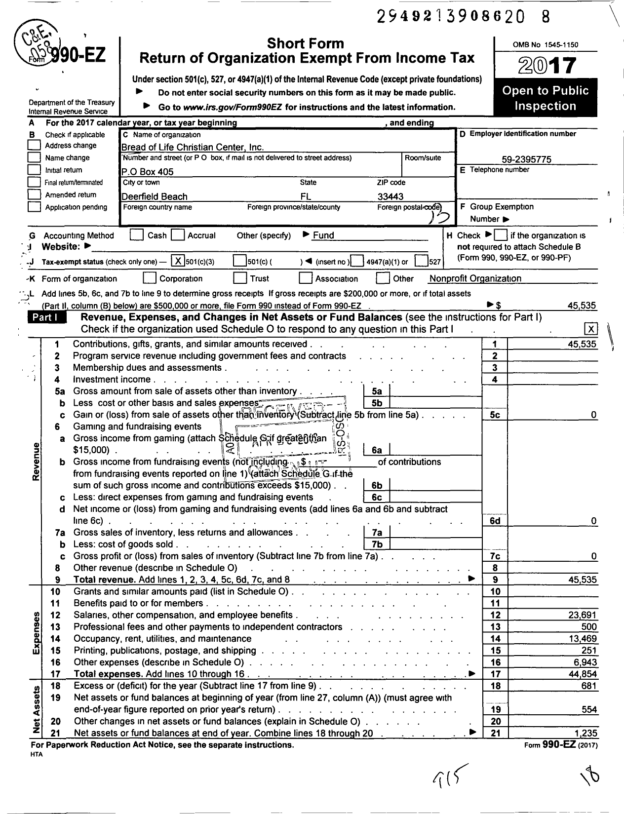 Image of first page of 2017 Form 990EZ for Bread of Life Christian Center