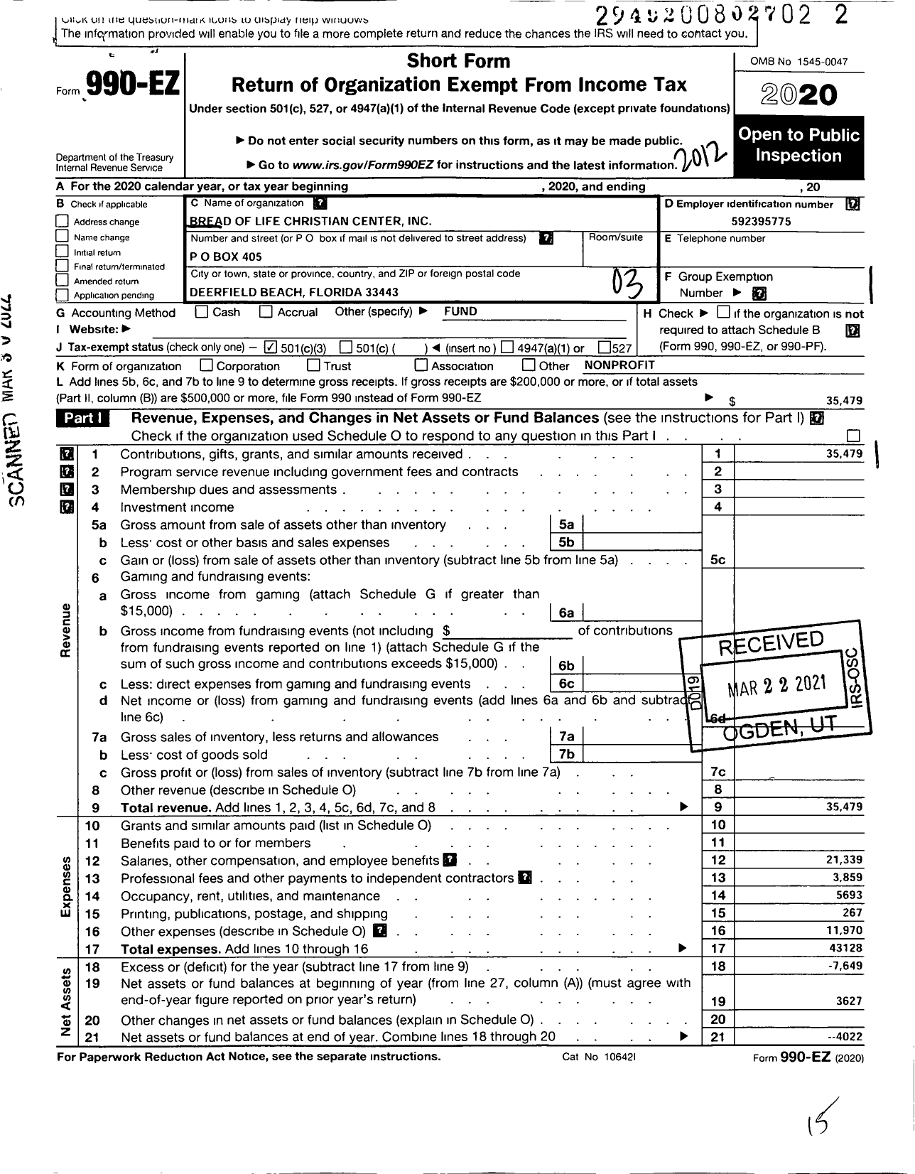 Image of first page of 2020 Form 990EZ for Bread of Life Christian Center