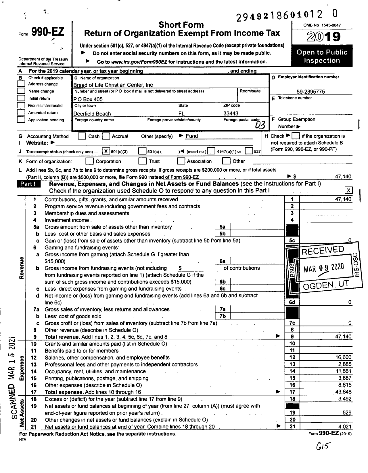 Image of first page of 2019 Form 990EZ for Bread of Life Christian Center