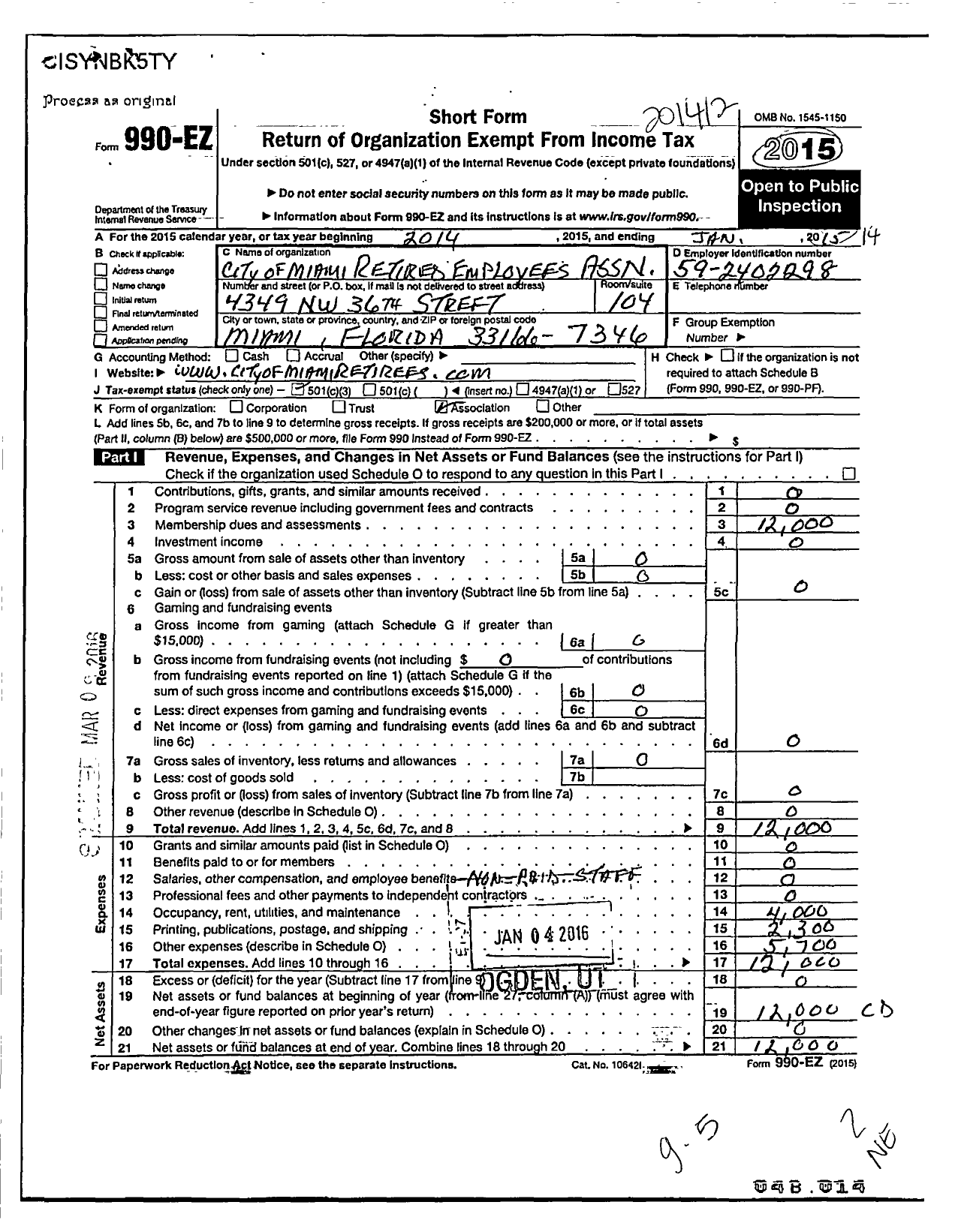 Image of first page of 2014 Form 990EZ for American Federation OF State County & Municipal EMPLOYEES - R0011FL CITY OF MIAMI Assoc Ret Emp