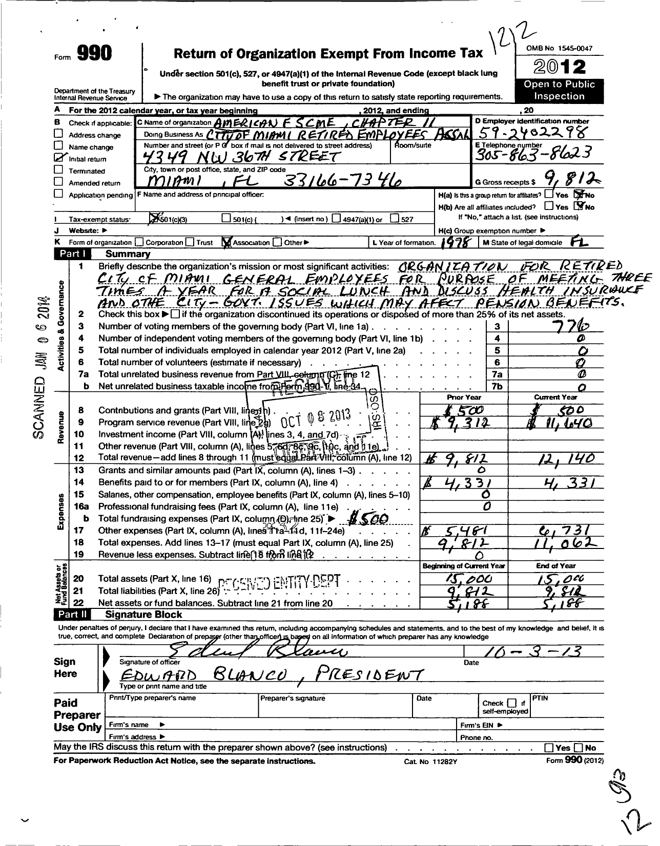 Image of first page of 2012 Form 990 for American Federation OF State County & Municipal EMPLOYEES - R0011FL CITY OF MIAMI Assoc Ret Emp