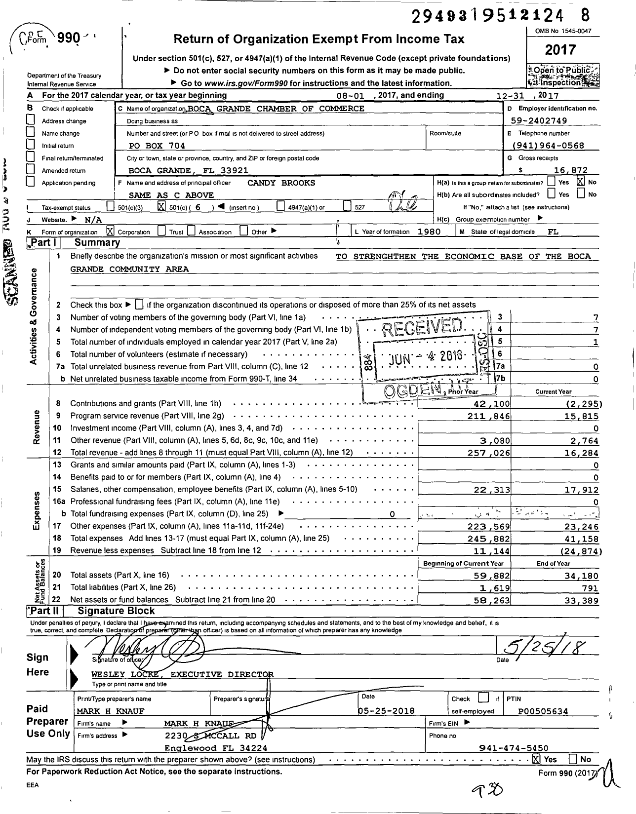 Image of first page of 2017 Form 990O for Boca Grande Area Chamber of Commerce