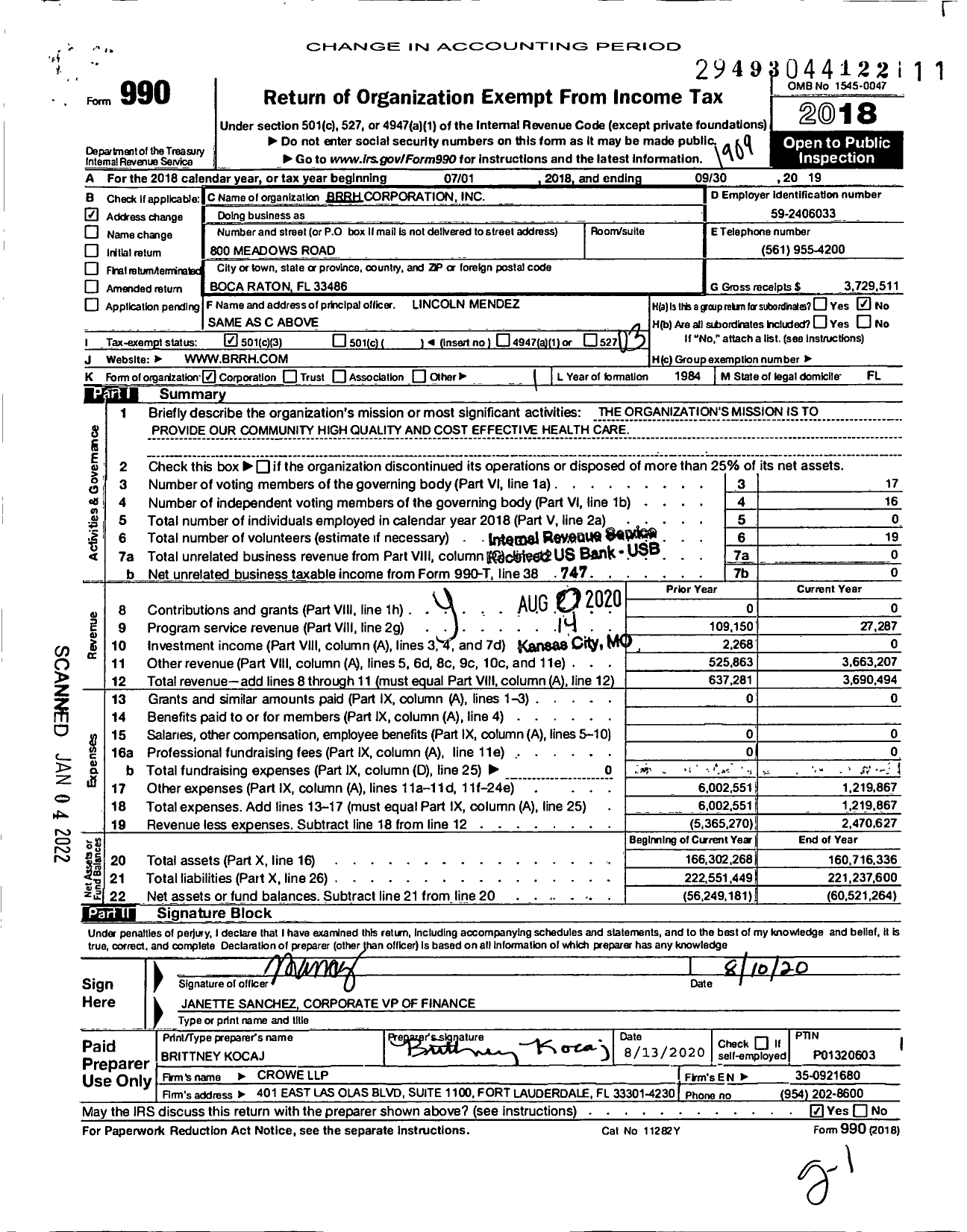 Image of first page of 2018 Form 990 for BRRH Corporation
