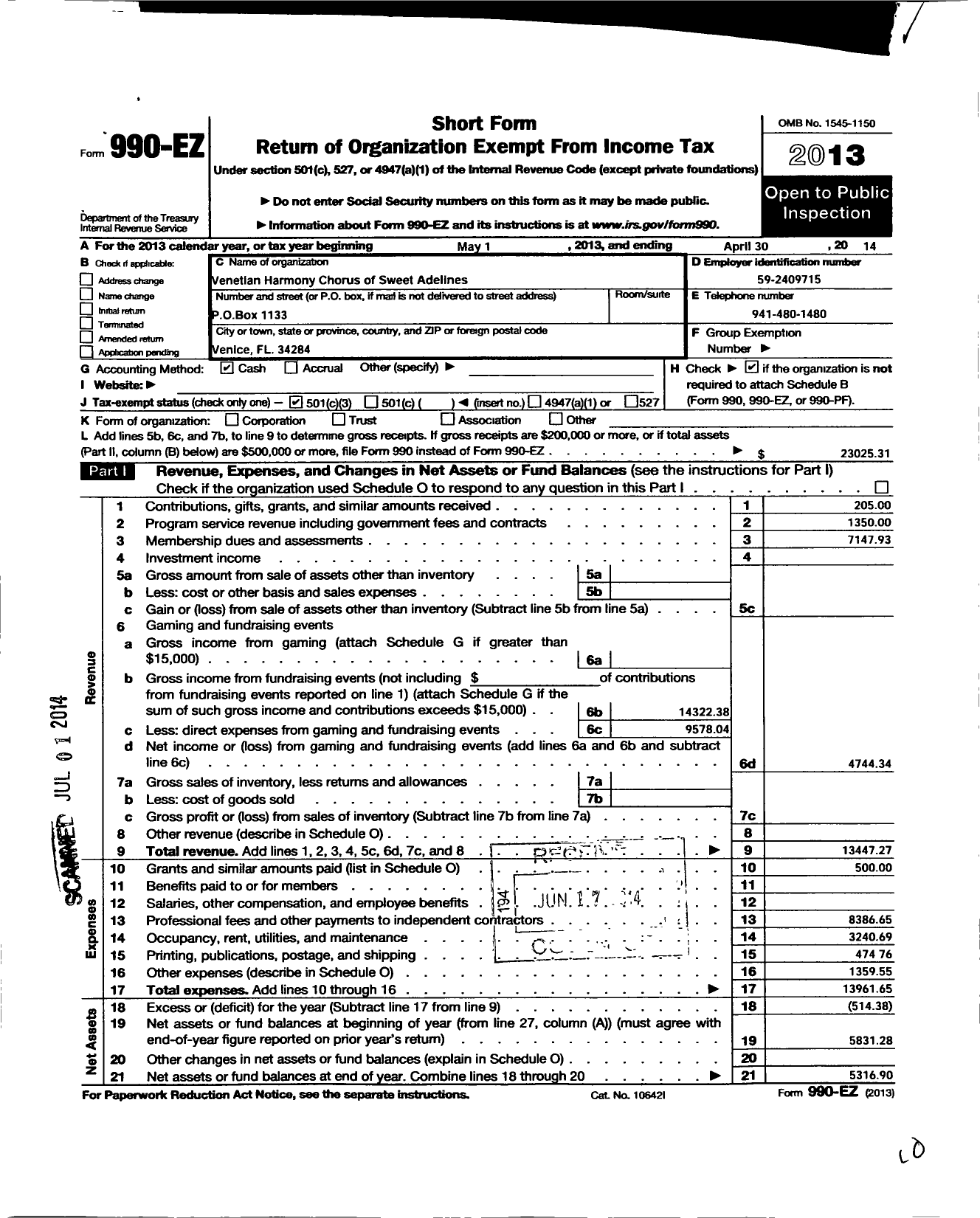 Image of first page of 2013 Form 990EZ for Sweet Adelines International - Venetian Harmony