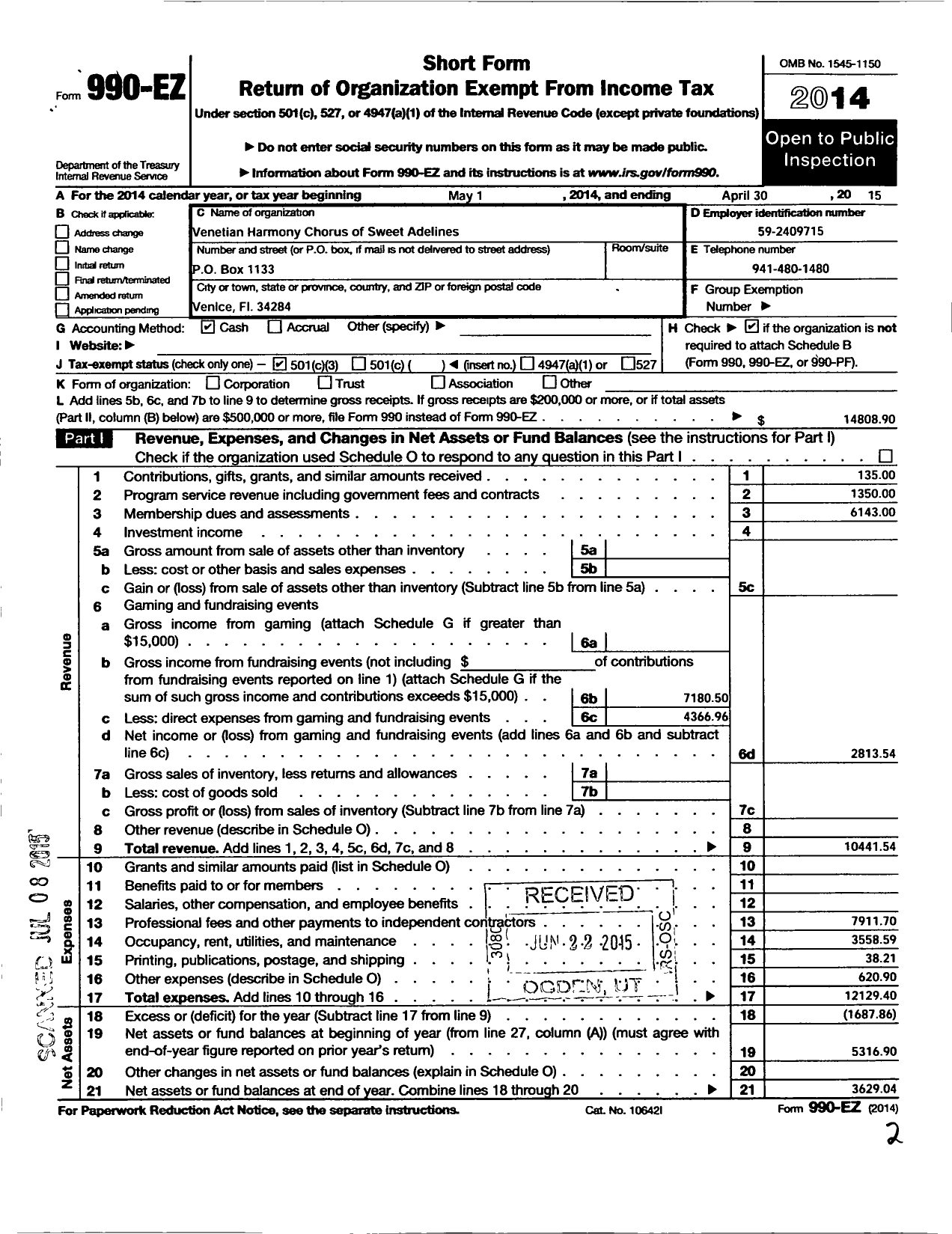 Image of first page of 2014 Form 990EZ for Sweet Adelines International - Venetian Harmony