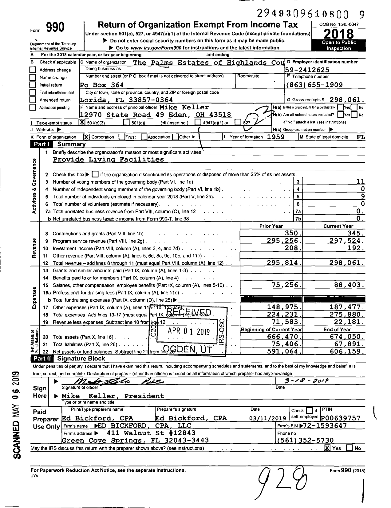 Image of first page of 2018 Form 990 for The Palms Estates of Highlands County