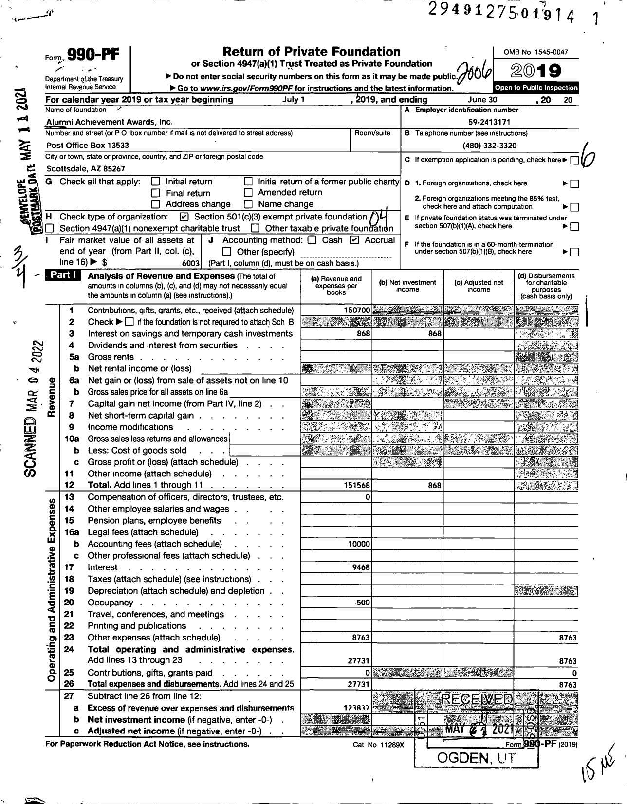 Image of first page of 2019 Form 990PF for Alumni Achievement Awards